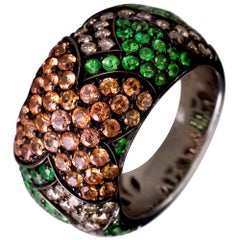 Claris-A Autumn Leaf 18K Gold Tsavorite, Sapphire and Diamond Cocktail Band Ring