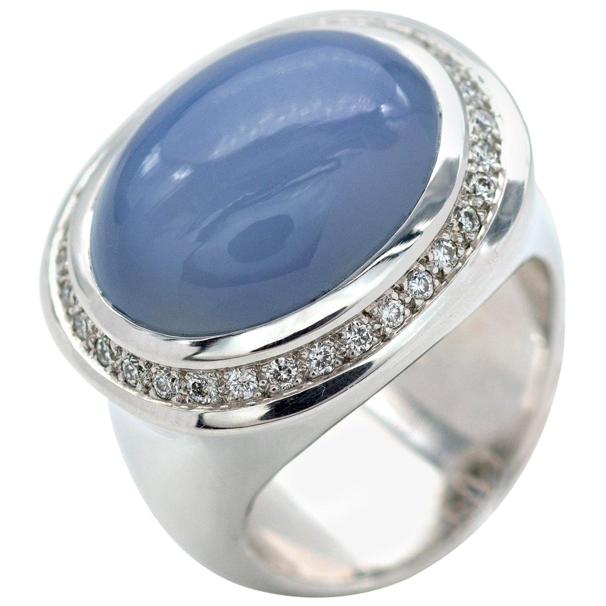 Claris-A Blue Chalcedony Cabochon & Diamond Cocktail Ring in 18K White Gold