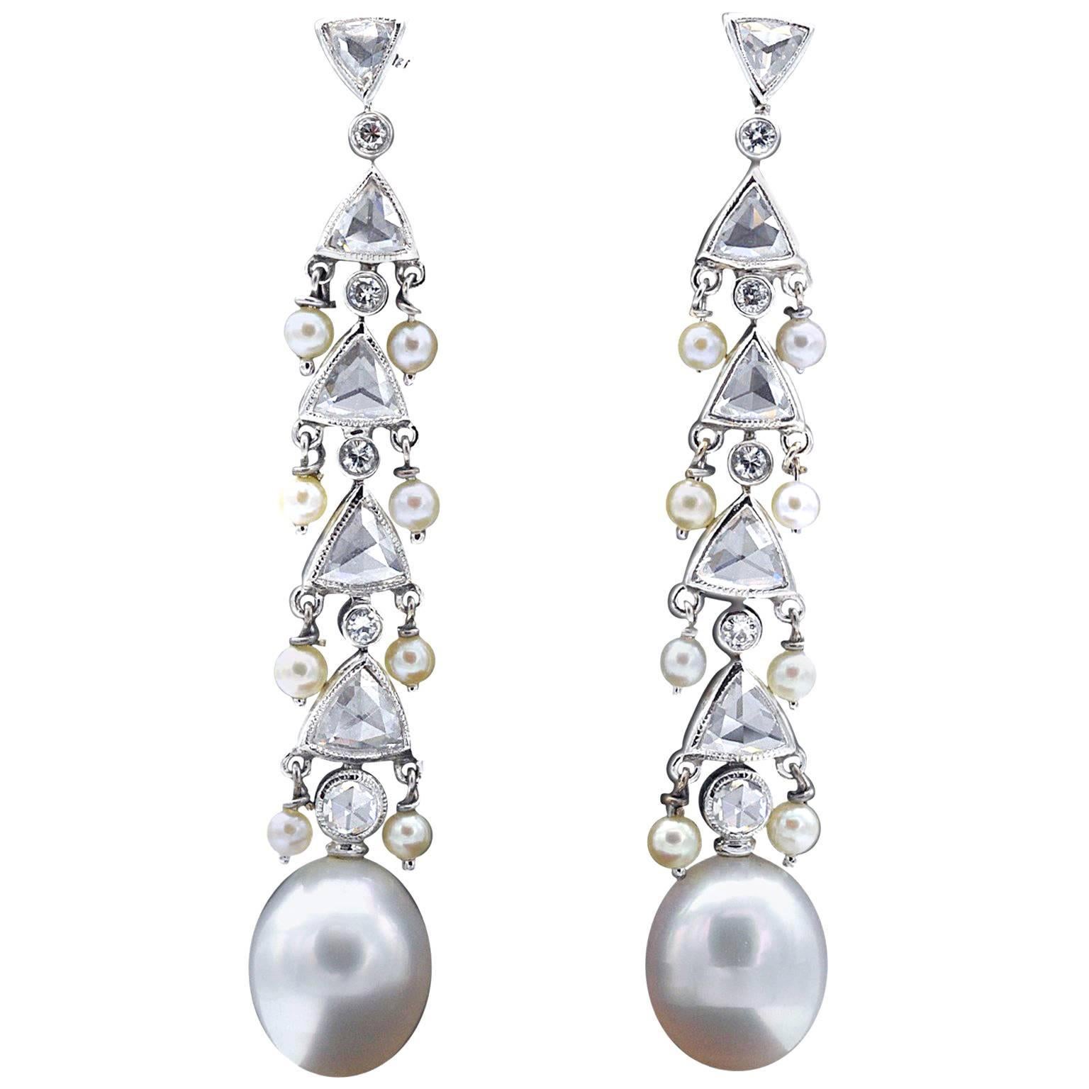 Claris-A 18 Karat Weißgold Perle Diamant-Ohrringe mit Kronleuchter-Ohrringen