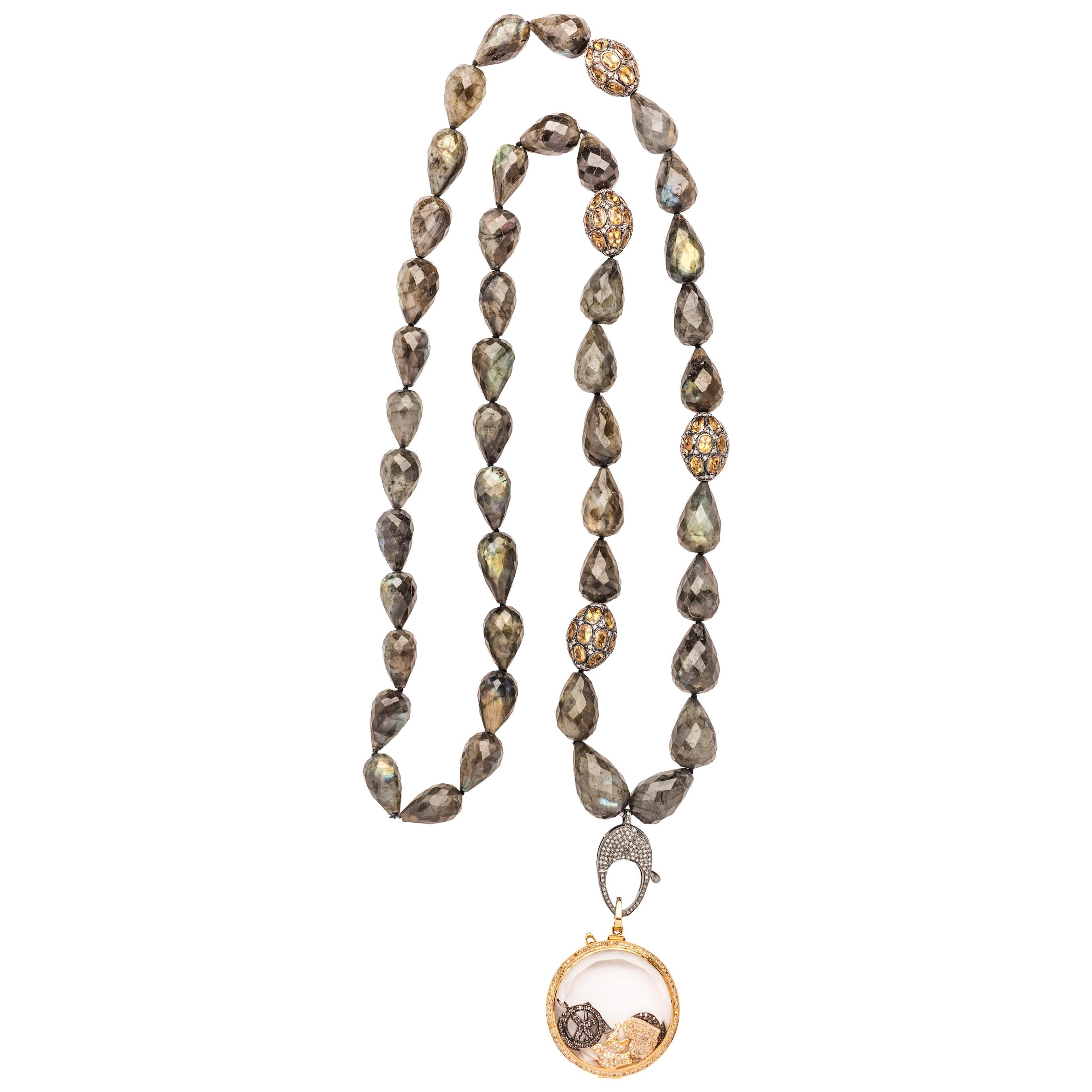 Clarissa Bronfman 14 Karat Gold Love Shaker on Labradorite, Diamond Necklace