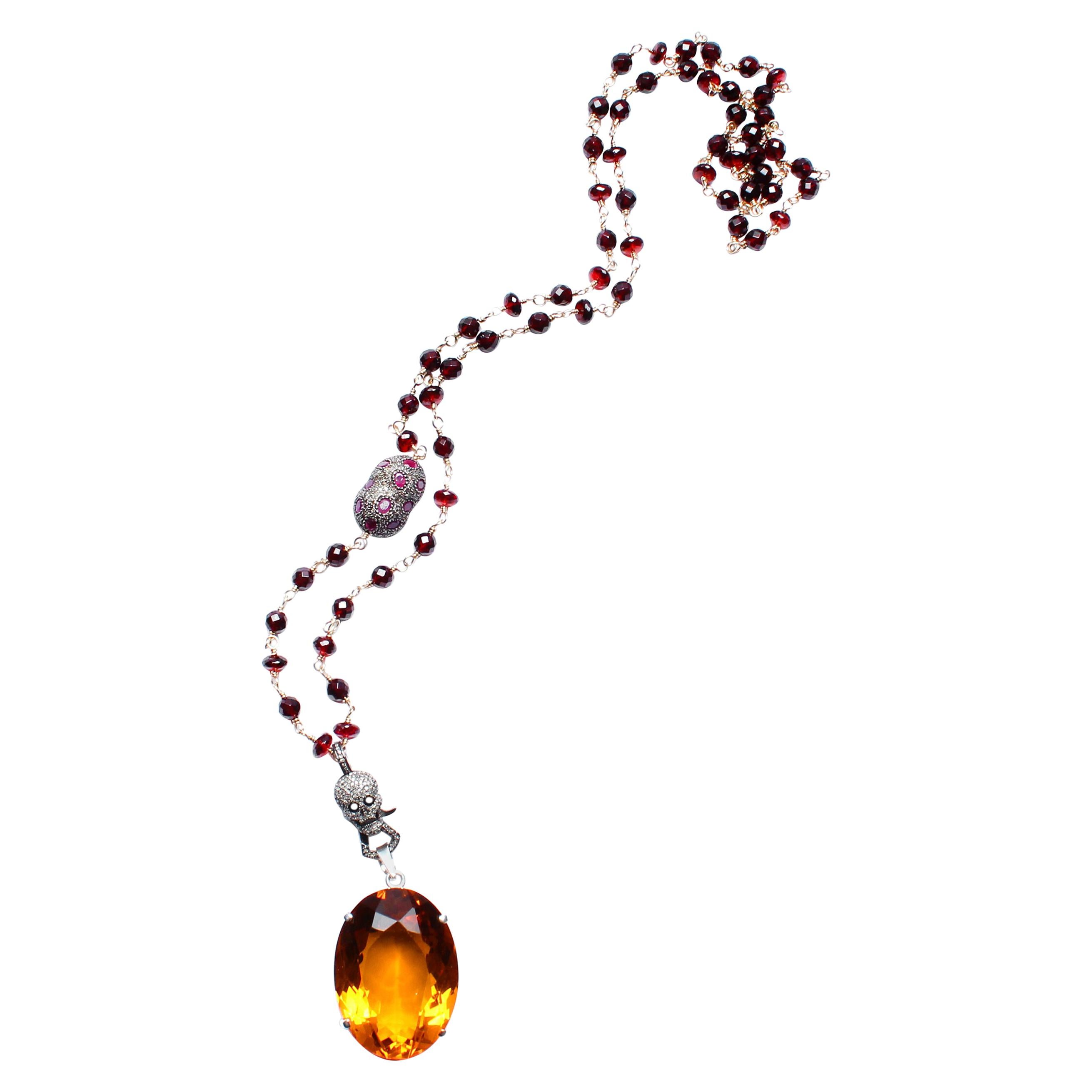 Clarissa Bronfman 14 Karat Gold Ruby Diamond Citrine Pendant Rosary Necklace