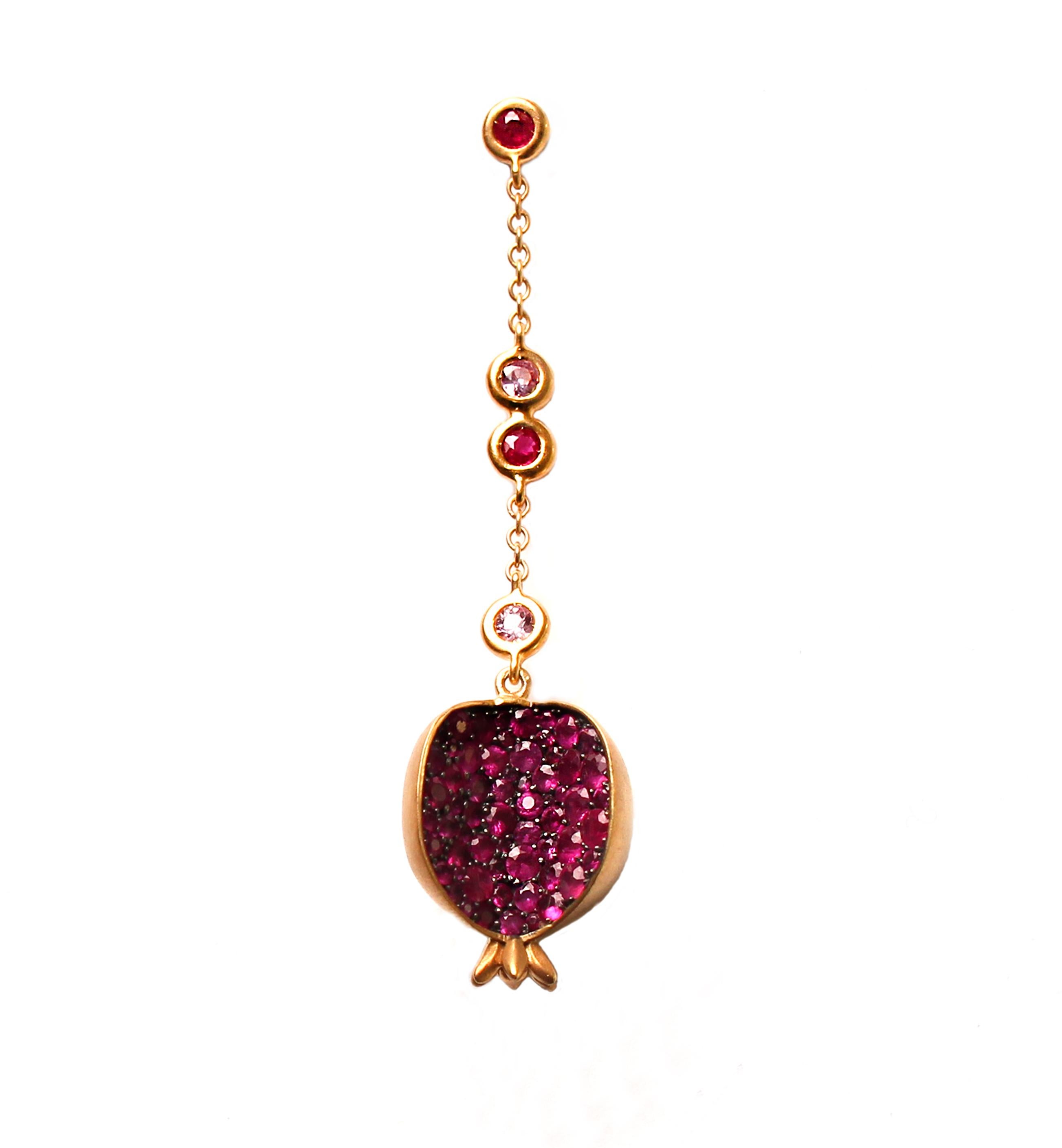 These new and trendy statement earrings are just the right pop. 14k gold, gold plate, ruby, and pink sapphire. Asymmetric lengths, one earring is 3.25
