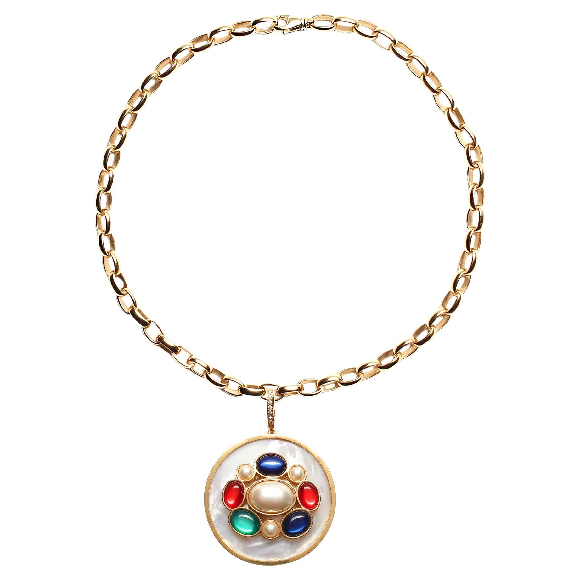 CLARISSA BRONFMAN 14k Gold Link Chain & Mother Of Pearl Diamond Modern Pendant