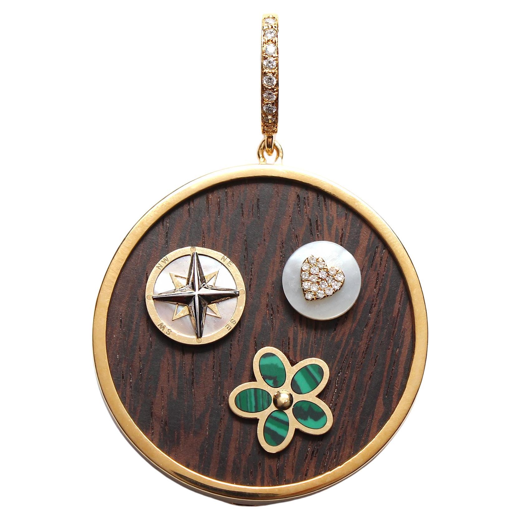 CLARISSA BRONFMAN Pendentif 3 breloques en or 14k Malachite Diamant Motherofpearl Ebène