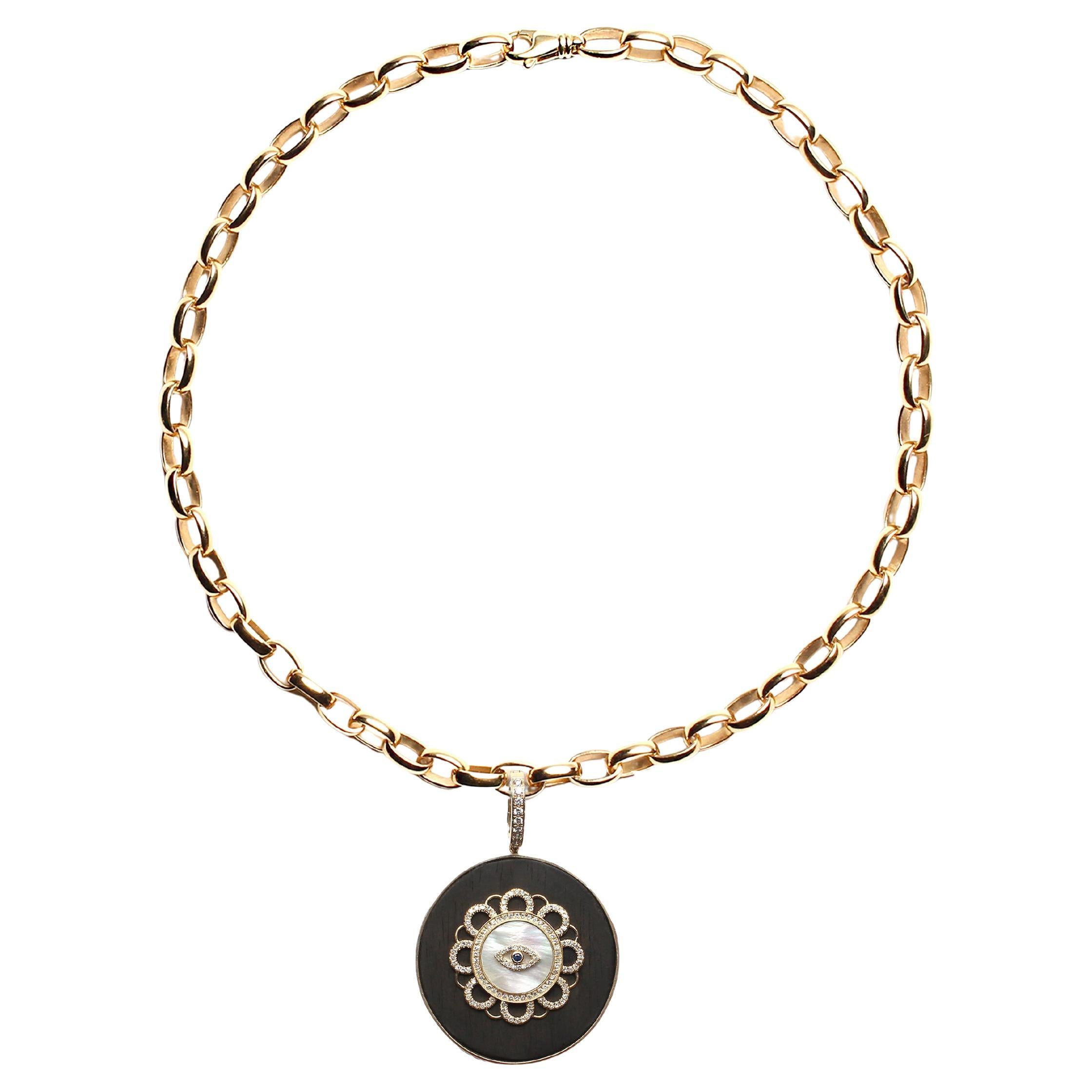 Clarissa Bronfman - Catena a maglie in oro massiccio 14k ed ebano - MOPearl Sapphire Evil Eye (malocchio)