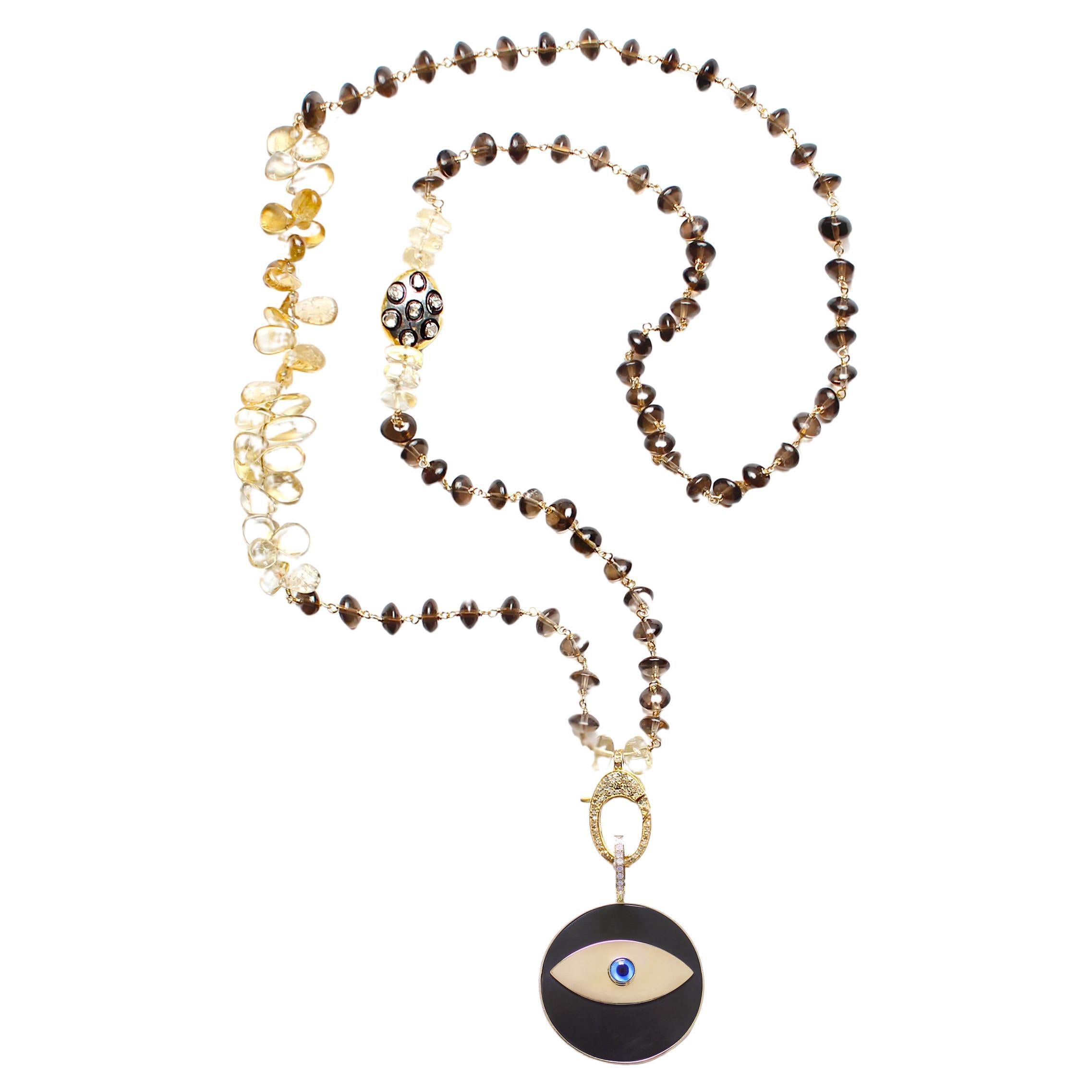 CLARISSA BRONFMAN 14kGold Diamond Ebony Evil Eye Pendant & Brown Quartz Rosary