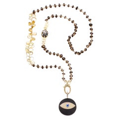 Used CLARISSA BRONFMAN 14kGold Diamond Ebony Evil Eye Pendant & Brown Quartz Rosary
