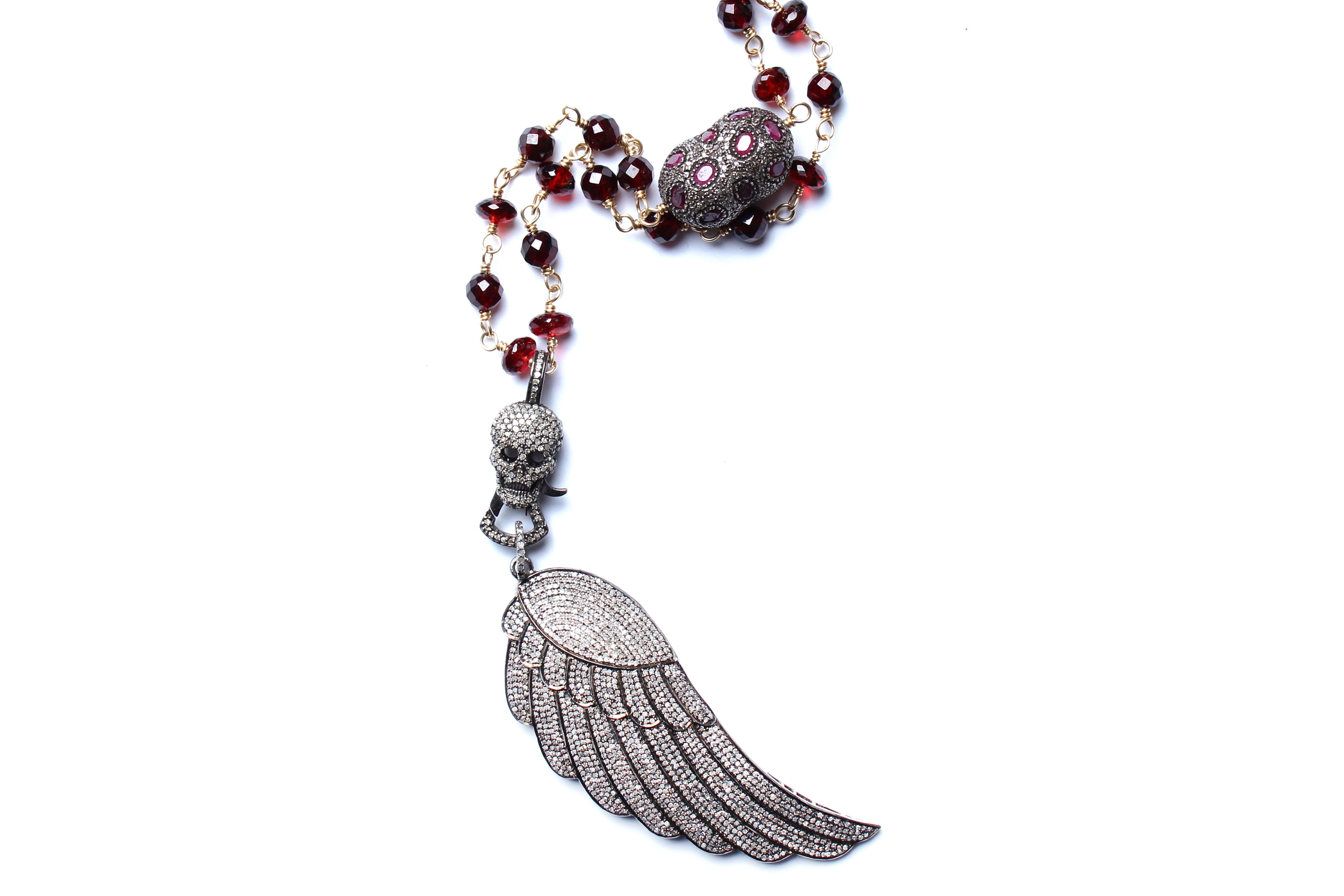 Clarissa Bronfman 14 Karat Gold Diamond Ruby Garnet Angel Wing Rosary In New Condition In New York, NY