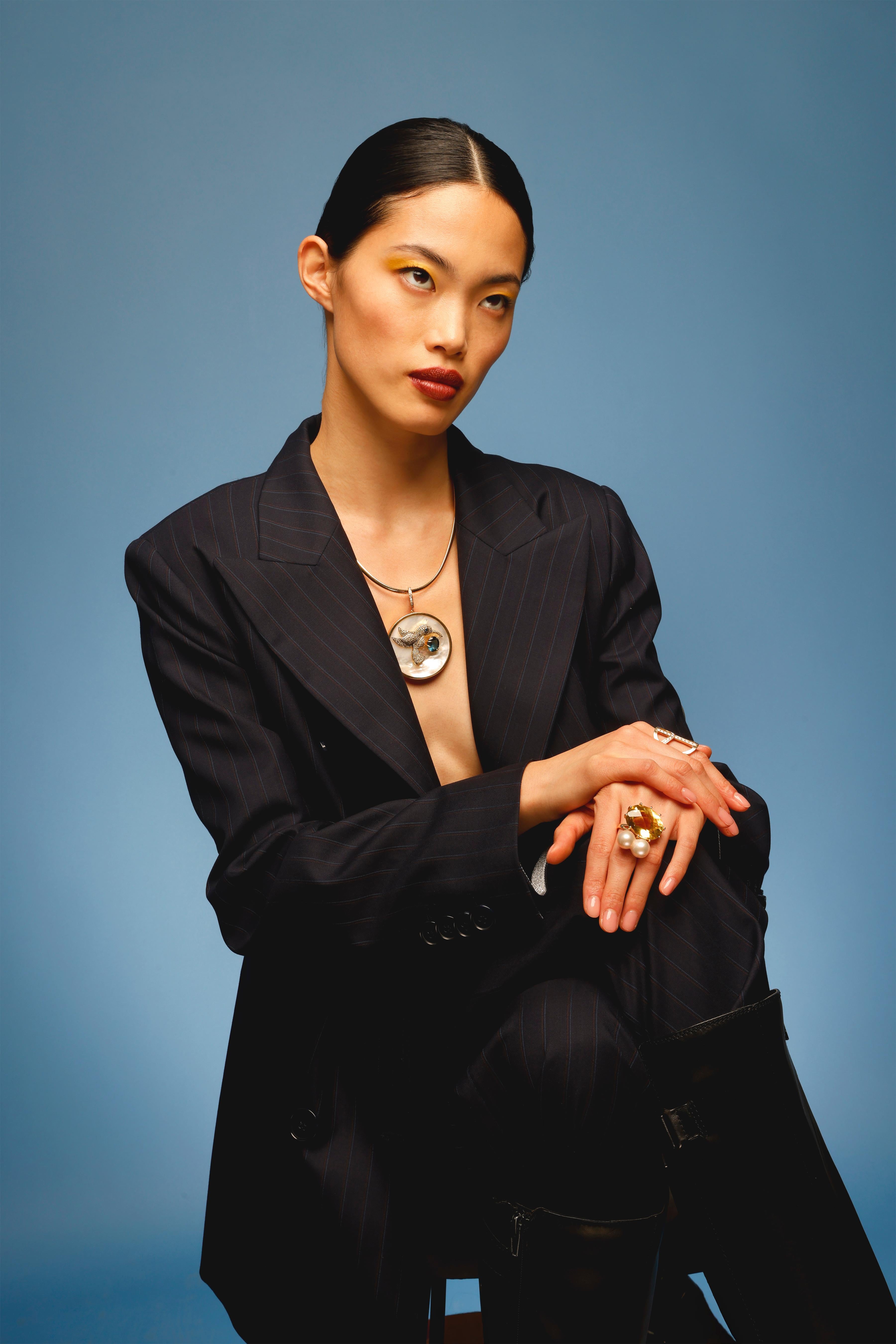 CLARISSA BRONFMAN 14KGOLD OMEGA CHAIN & Perlentopas-Diamant-Kolibri-Anhänger im Zustand „Neu“ im Angebot in New York, NY