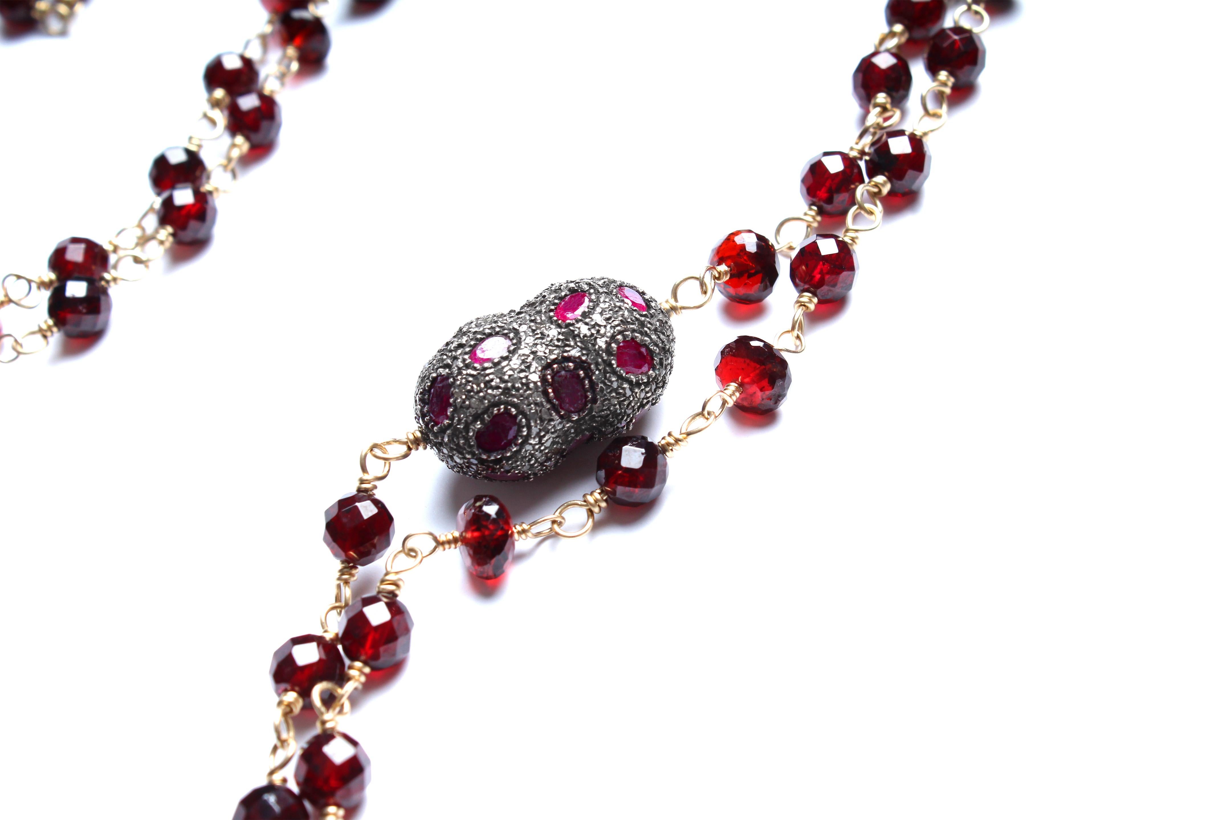 Women's or Men's Clarissa Bronfman 14 Karat Gold Ruby Diamond Citrine Pendant Rosary Necklace