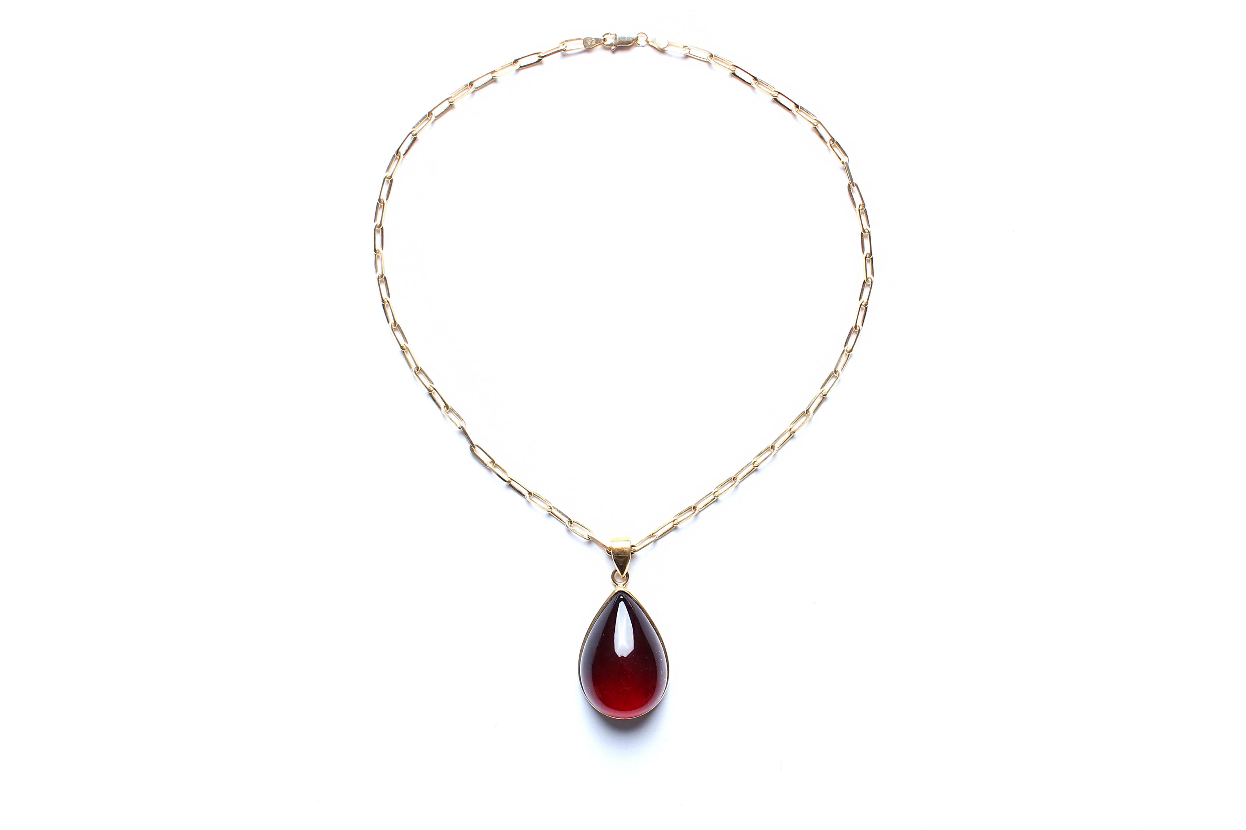 Mixed Cut Clarissa Bronfman 14k Gold Silver Paperclip Gold Chain with Cherry Amber Pendant For Sale