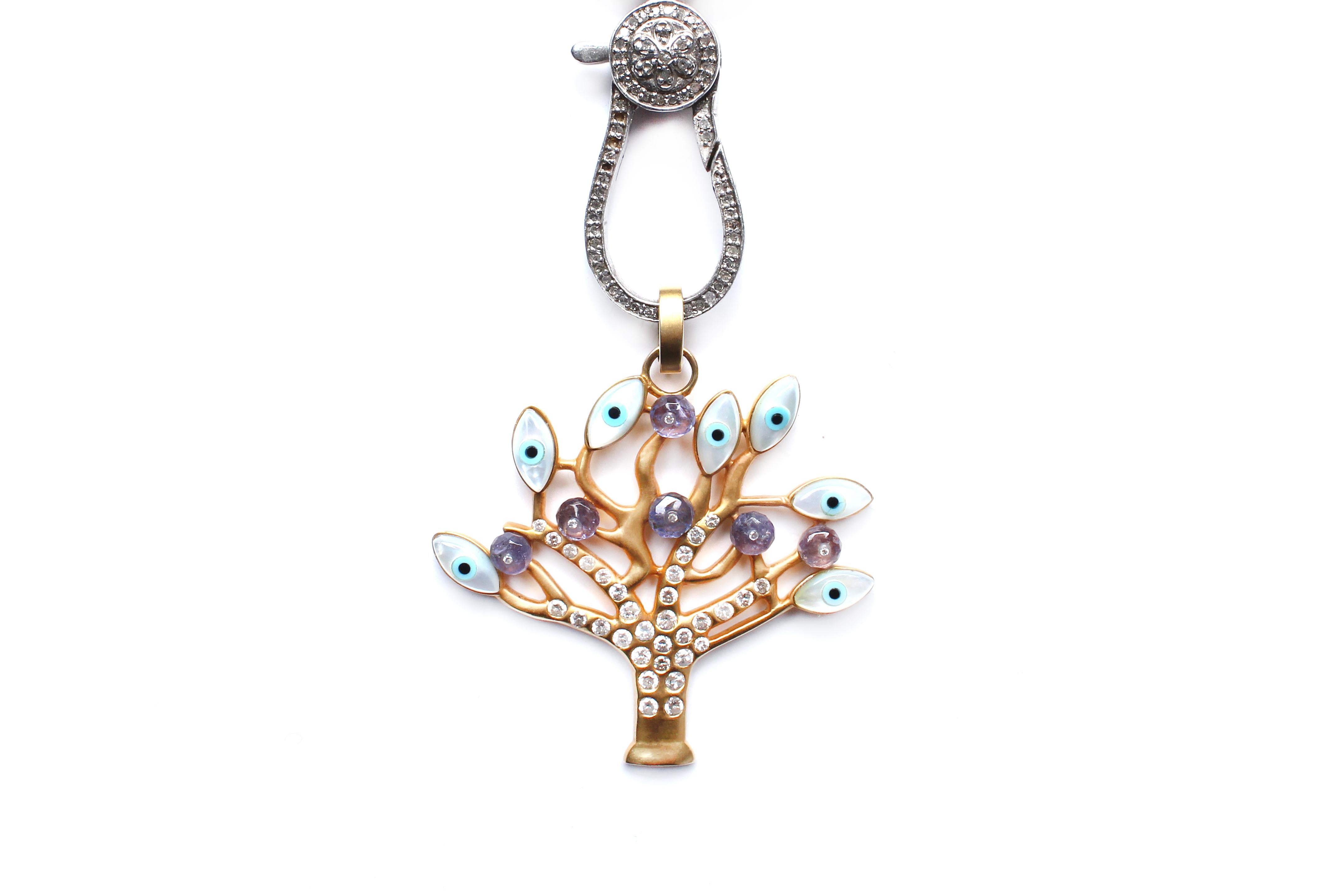 Contemporary Clarissa Bronfman 14kgold Tanazanyte Peridot Diamond Lapis Tree of Life Necklace