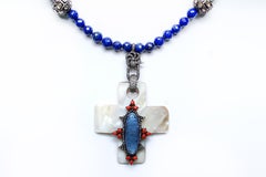 Clarissa Bronfman Lapis Beads, Rose Cut Diamonds, Mother of Pearl Necklace
