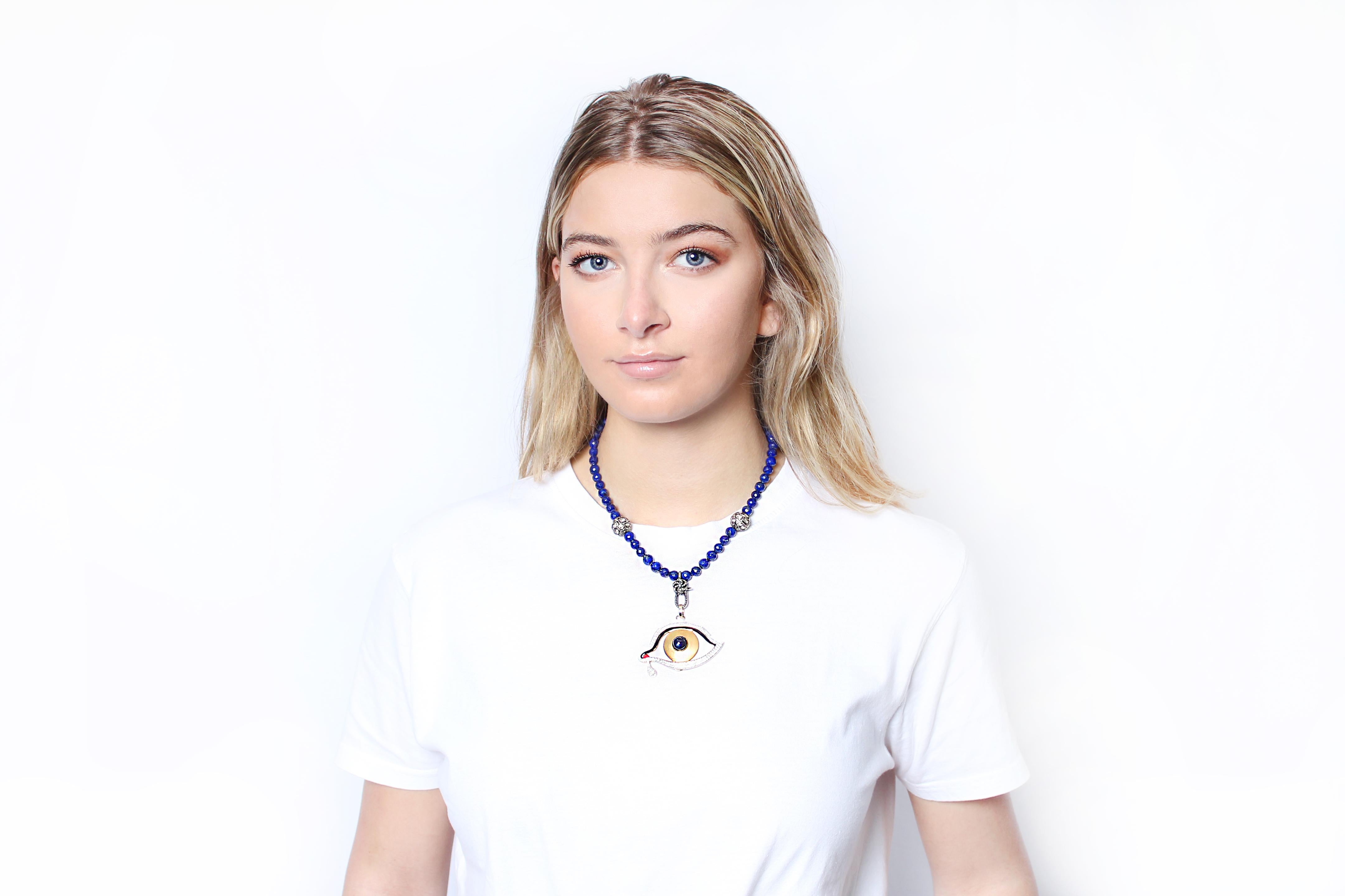 Contemporain Clarissa Bronfman, collier de perles de lapis et diamants taille rose en vente