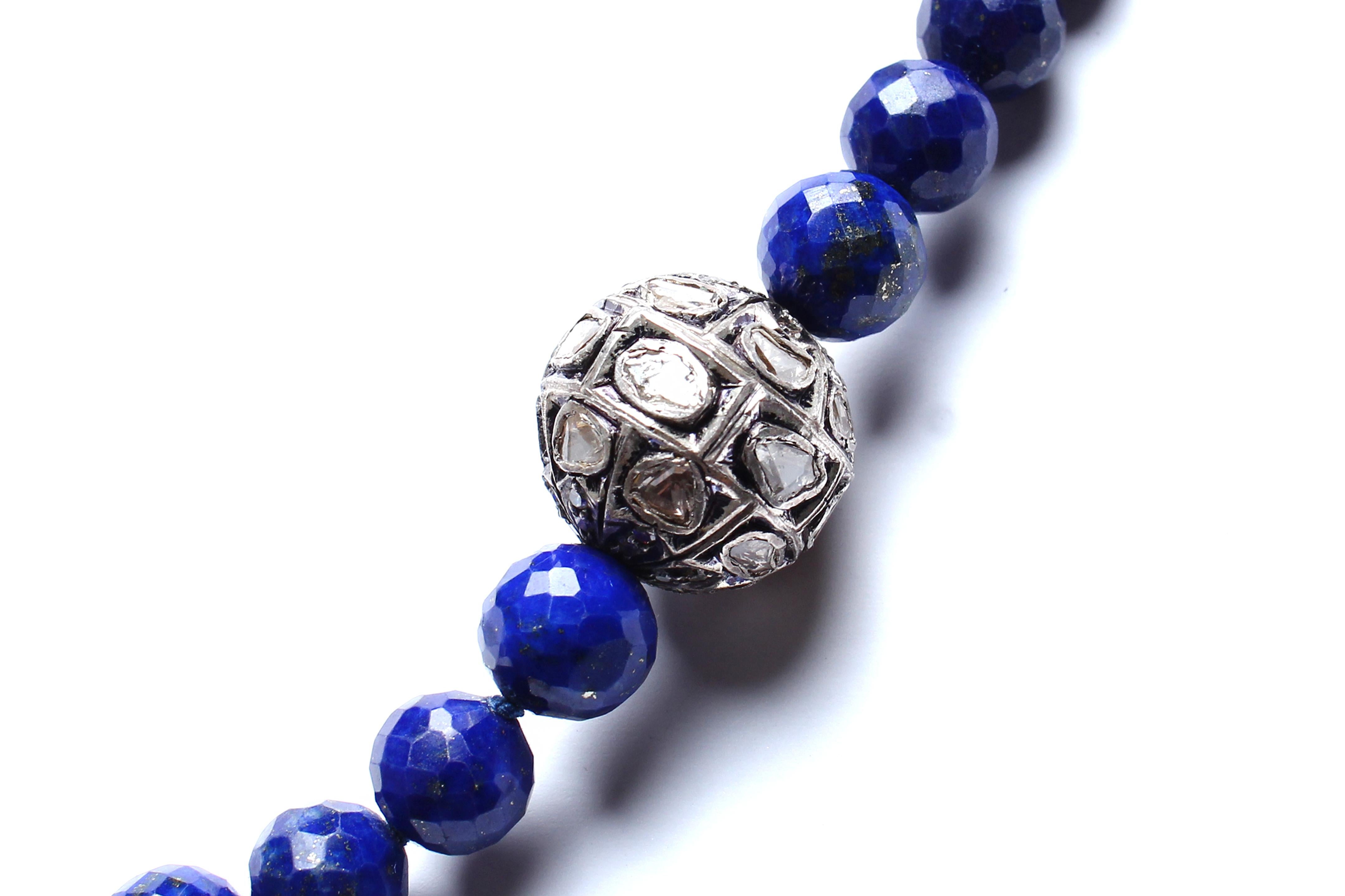 Contemporary Clarissa Bronfman Lapis Beads, Rose Cut Diamonds, Mother of Pearl Necklace For Sale