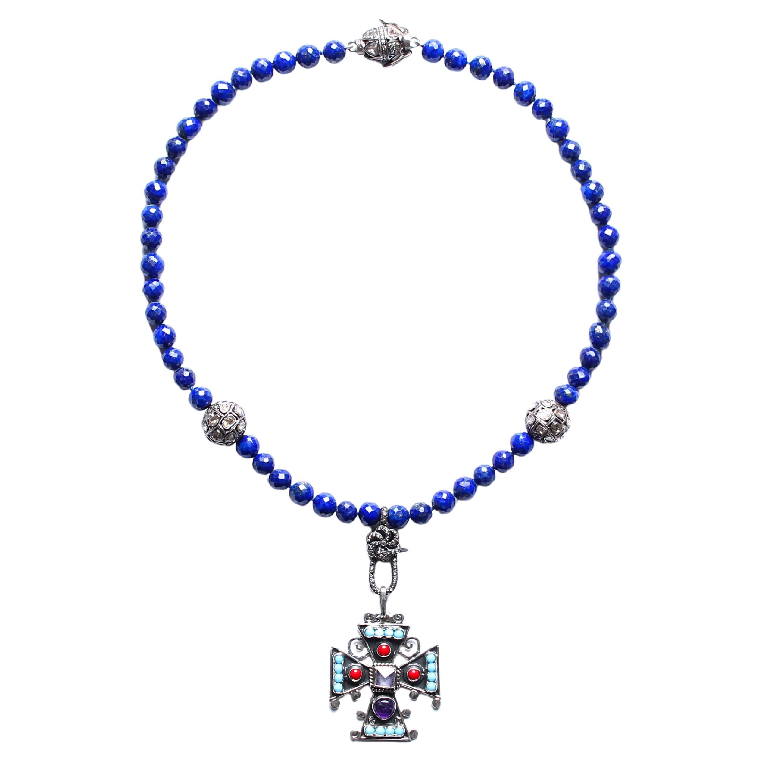Clarissa Bronfman Lapis Diamond Sterling Silver Enamel Cross Beaded Necklace For Sale