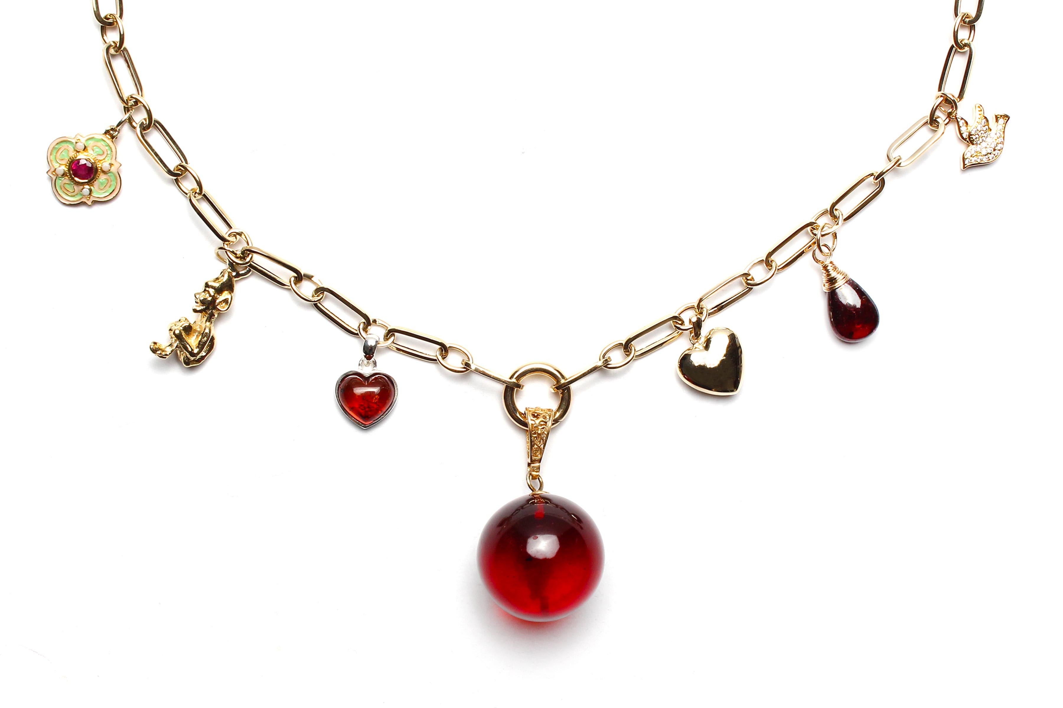 Mixed Cut Clarissa Bronfman 18k 14k Gold Diamond Garnet Amber Charm Paperclip Necklace For Sale