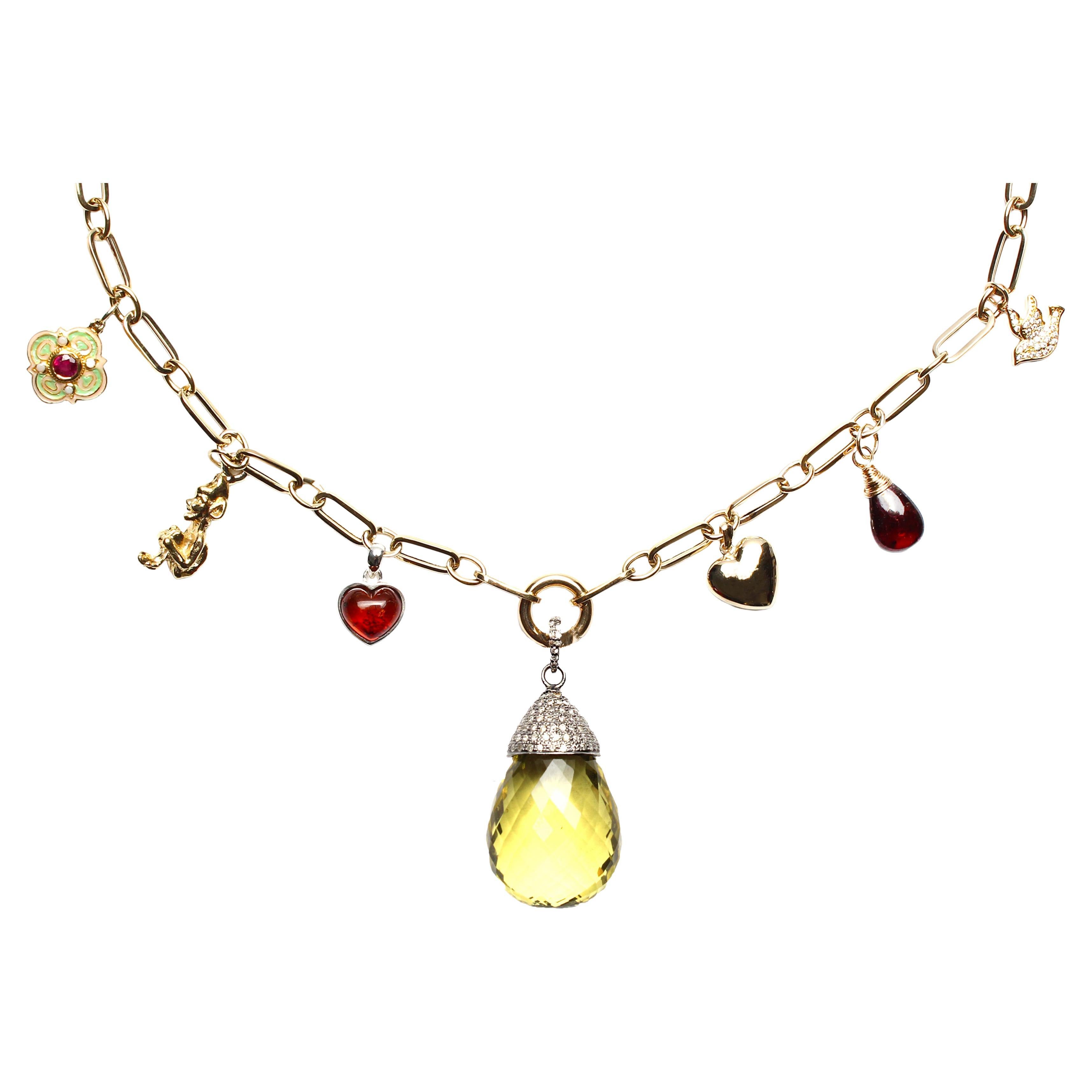 Clarissa Bronfman 18k 14k Gold Diamond Garnet Lemon Quartz Paperclip Necklace