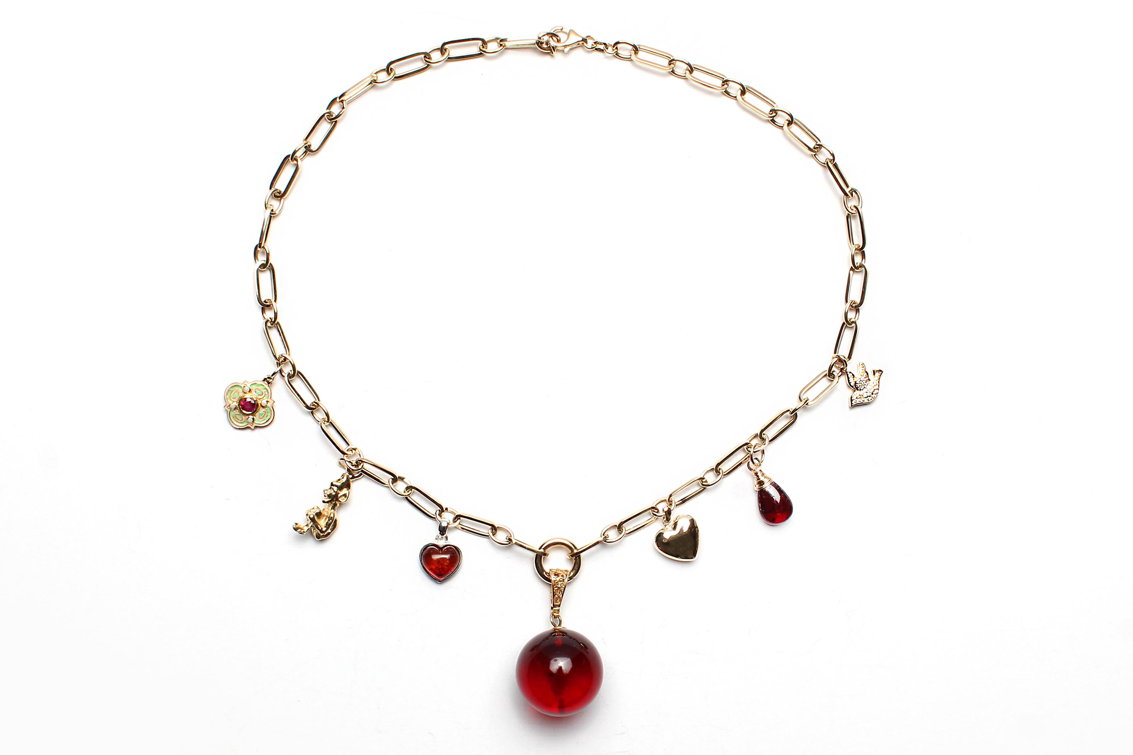 Mixed Cut Clarissa Bronfman 18k14k Gold Diamond Garnet Polki Diamond Enamel Heart Necklace For Sale