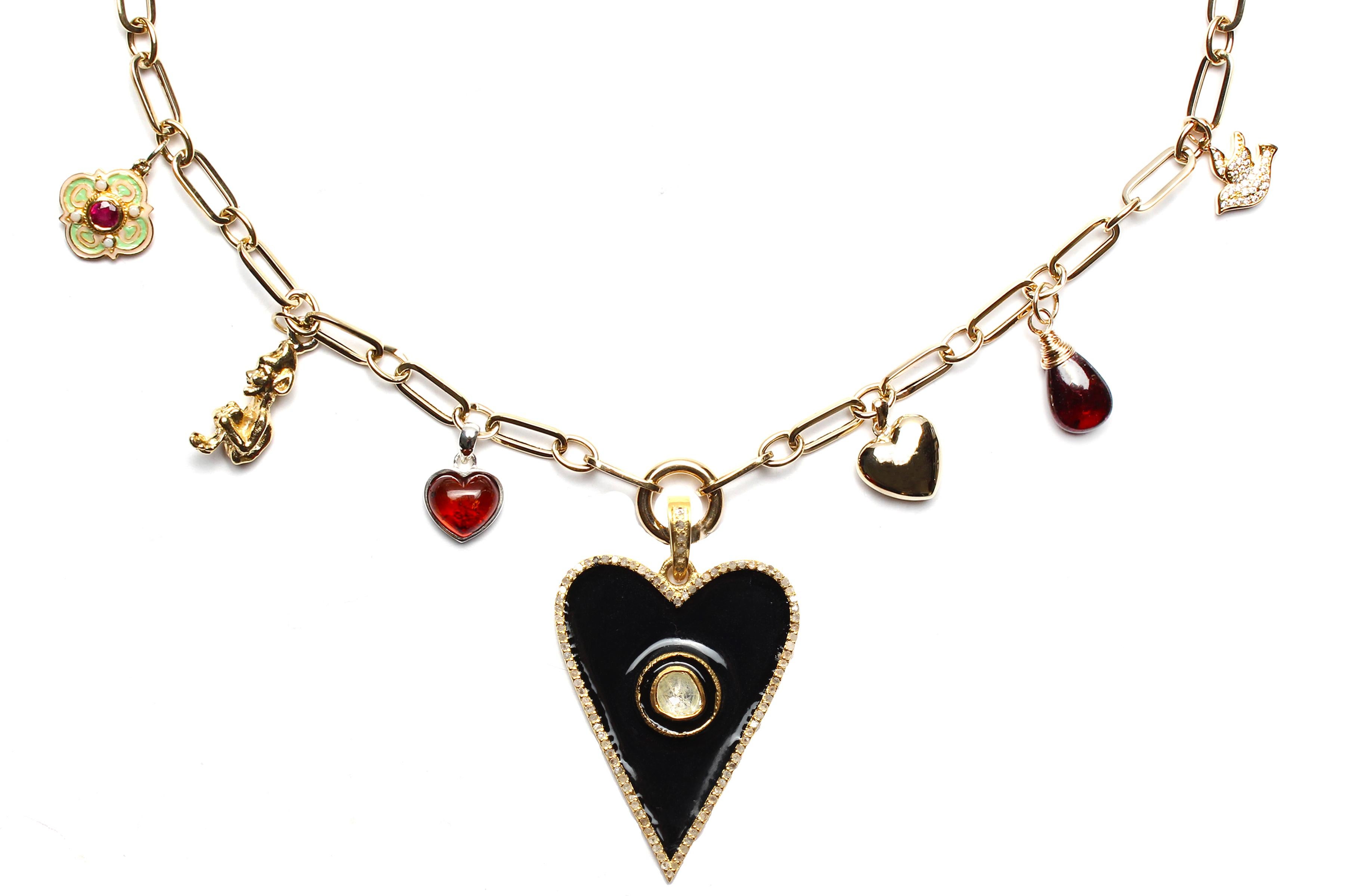 Women's or Men's Clarissa Bronfman 18k14k Gold Diamond Garnet Polki Diamond Enamel Heart Necklace For Sale