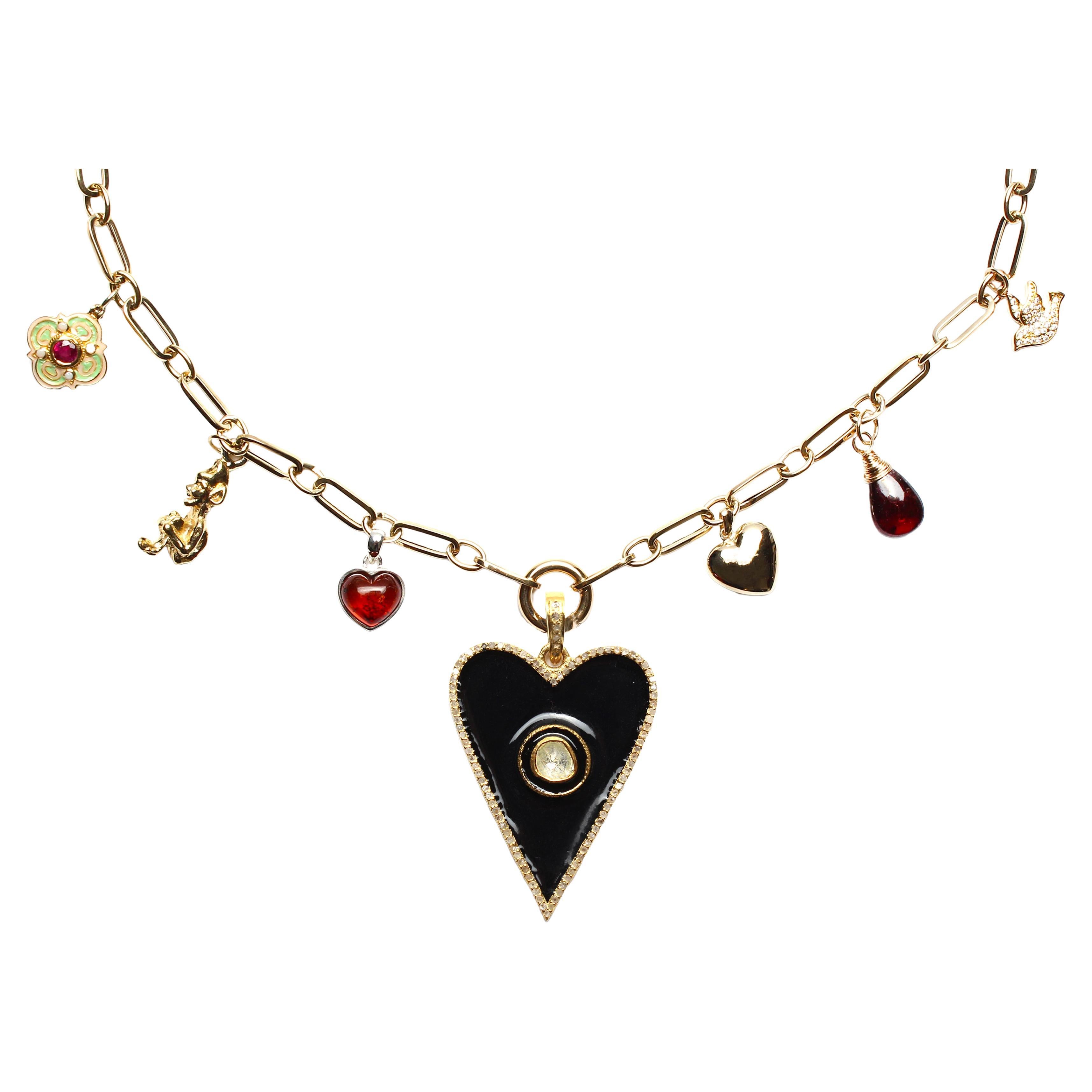 Clarissa Bronfman 18k14k Gold Diamond Garnet Polki Diamond Enamel Heart Necklace