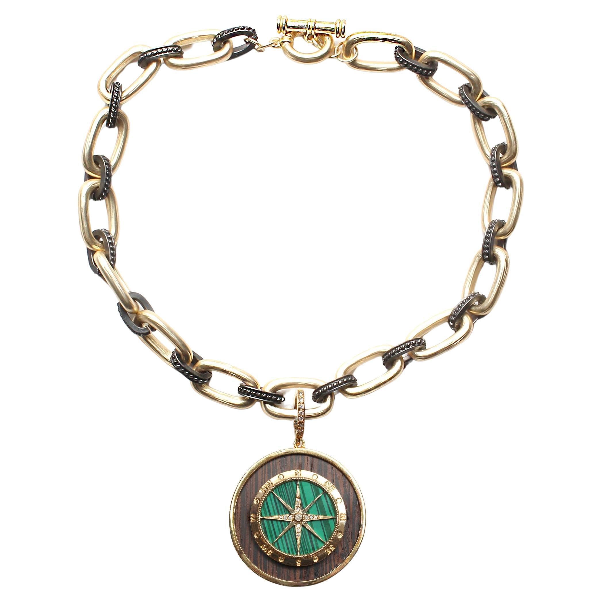 CLARISSA BRONFMAN Cadena de eslabones de plata de 2 tonos y malaquita de oro con diamantes EbonyCompass en venta