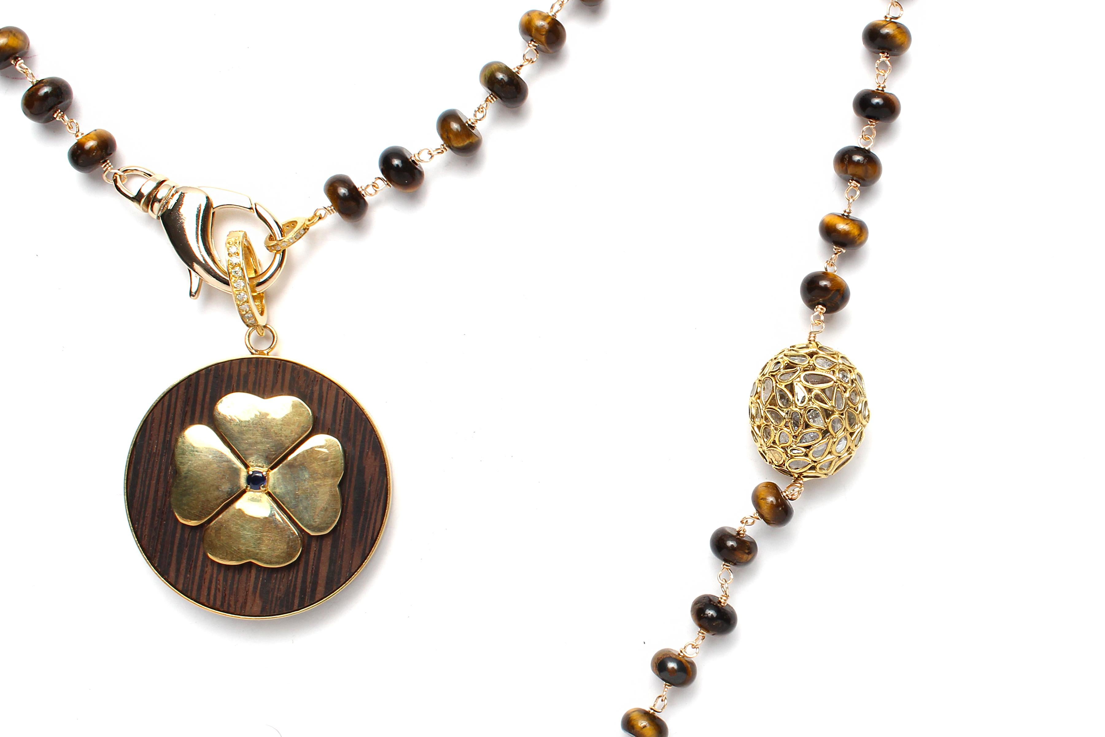 Women's or Men's Clarissa Bronfman Tiger's Eye Diamond Gold Beaded Rosary & Blue Agate Cross