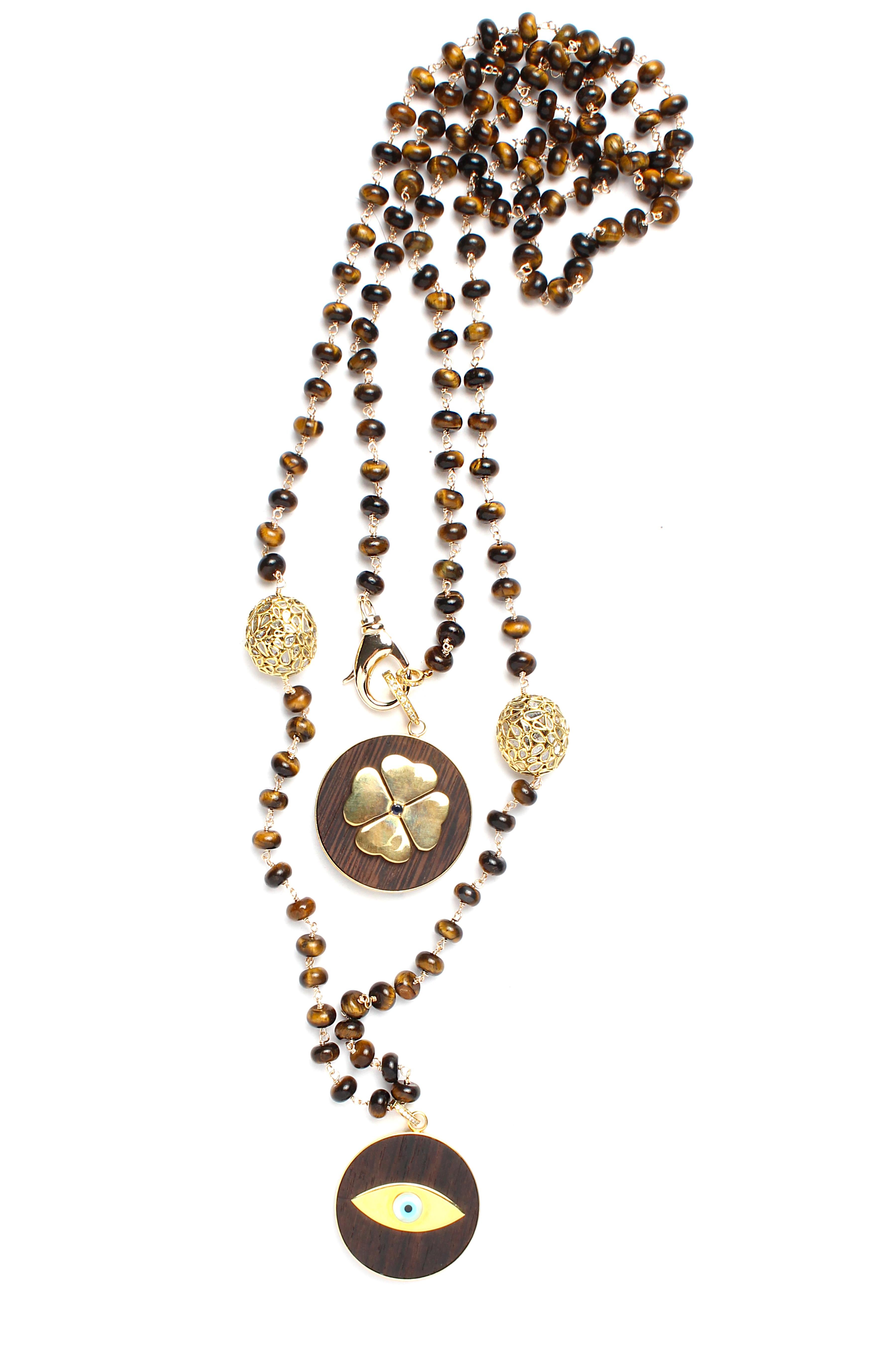 Clarissa Bronfman Tiger's Eye Diamond Gold Beaded Rosary & Blue Agate Cross 2