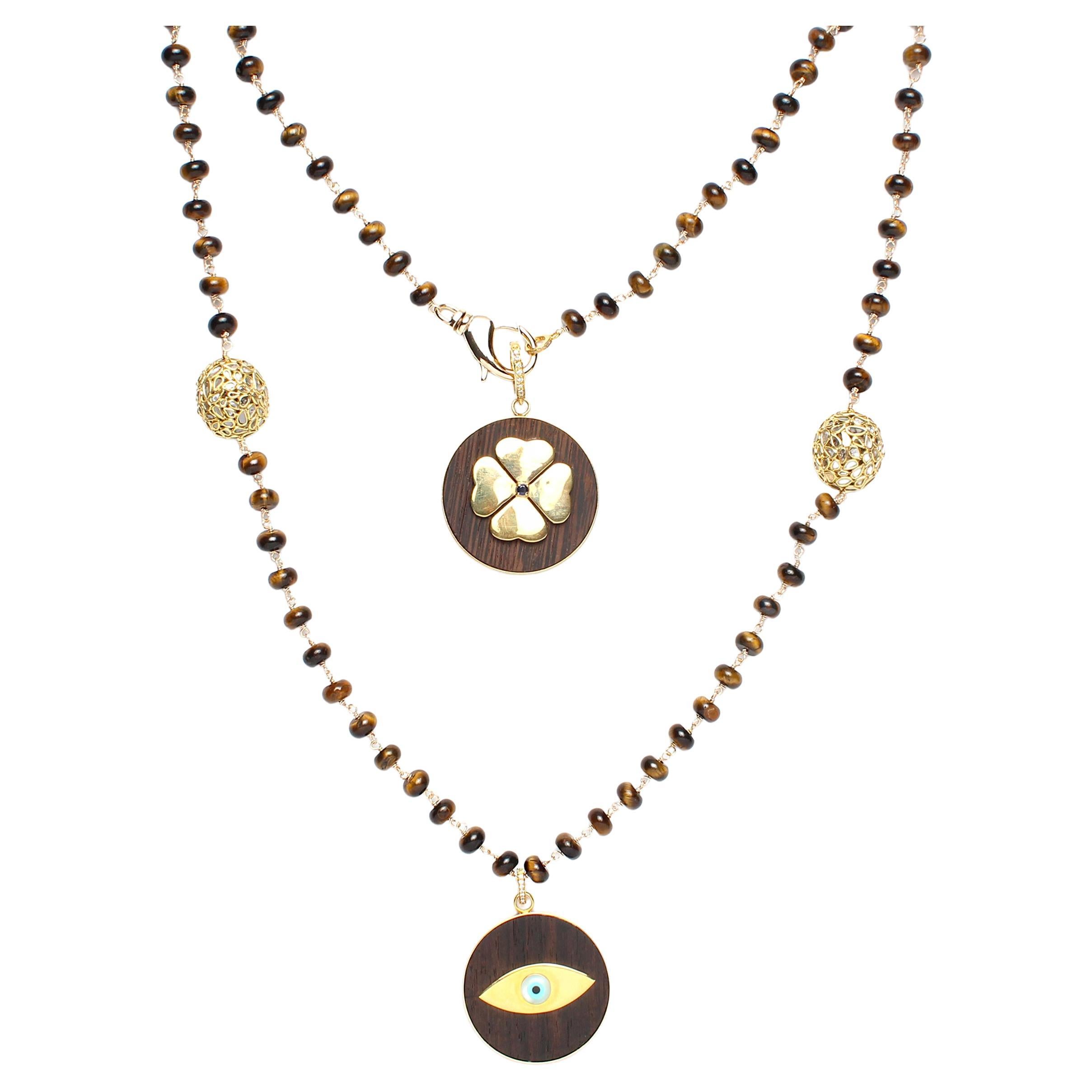 Clarissa Bronfman Tigers Eye Gold Diamond Rosary & Ebony Gold Clover Pendant