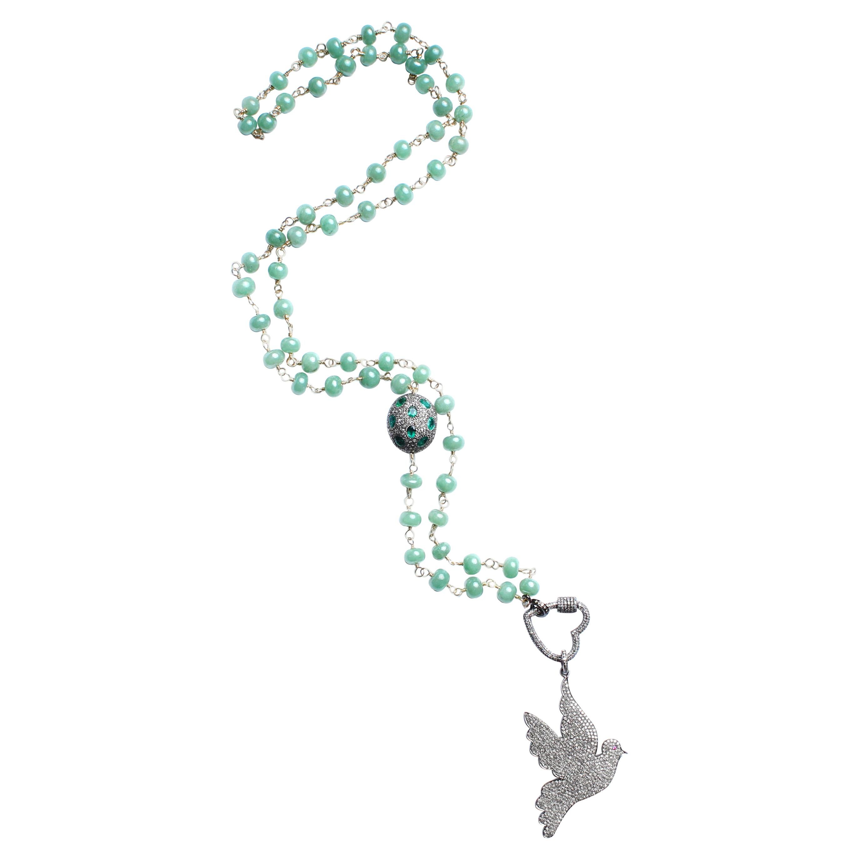 Clarissa Bronfman Agate 14k Gold Diamond Emerald Sapphire Dove Pendant Rosary