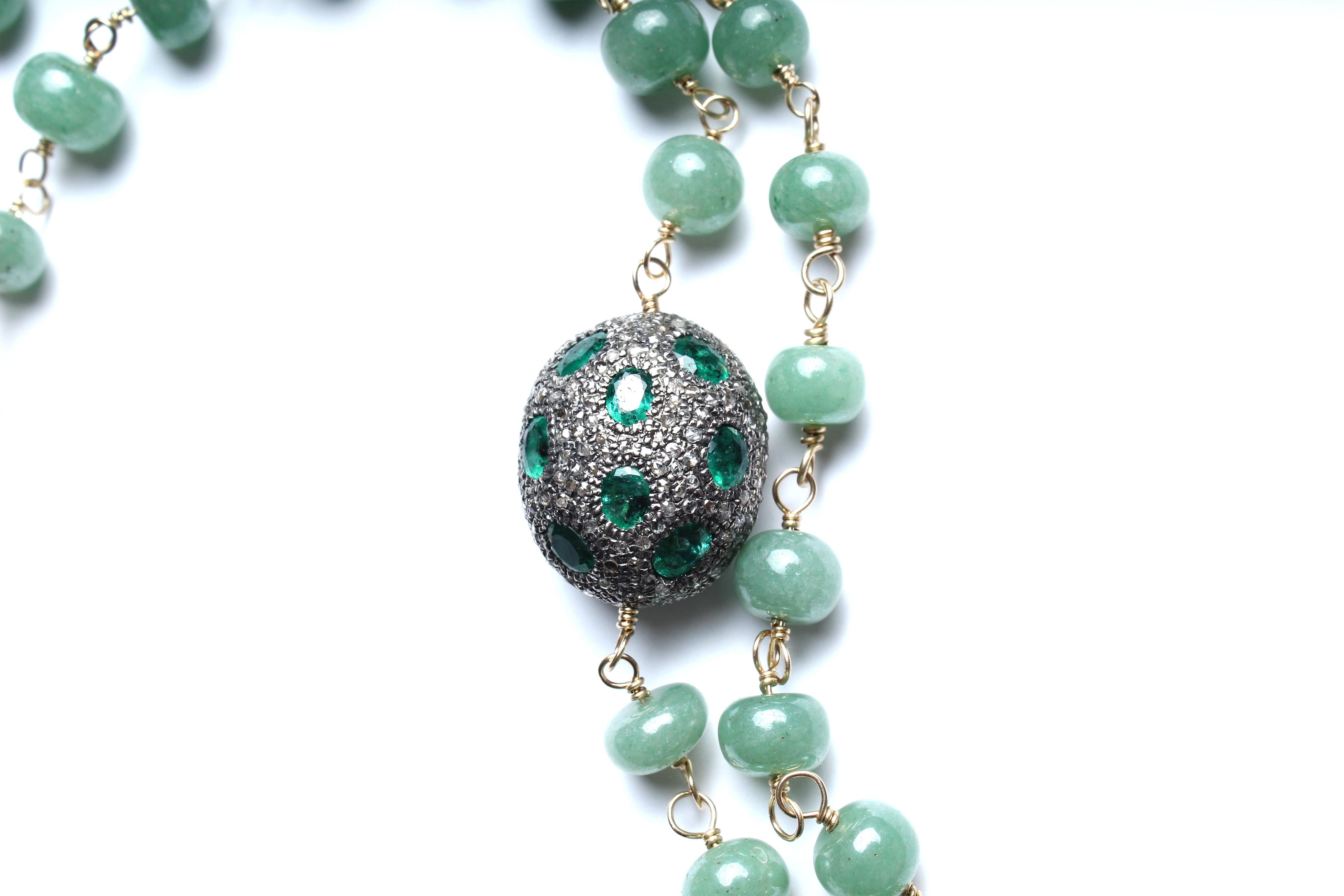 Emerald Cut Clarissa Bronfman Agate 14kgold Keynite Diamond Emerald Pendant Rosary Necklace For Sale