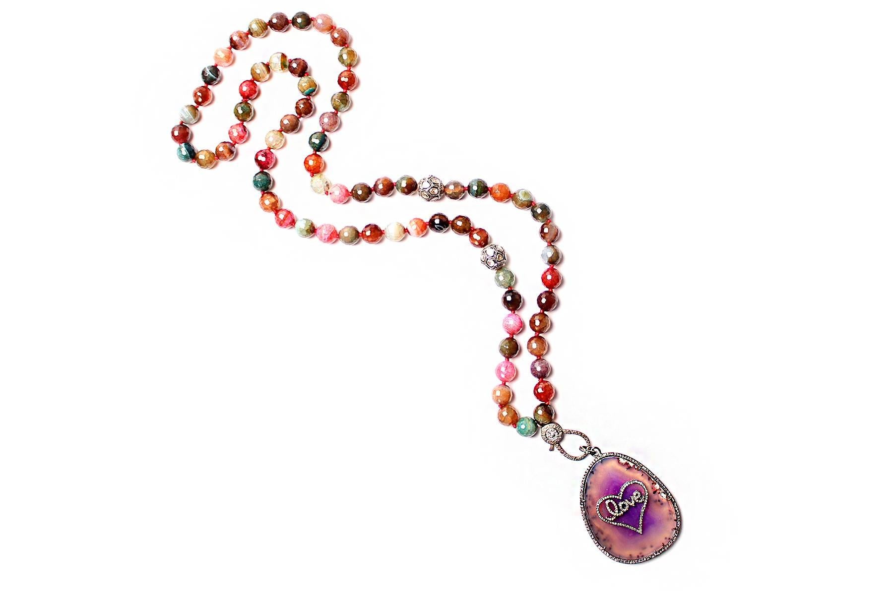 Agate multicolored beaded necklace. Diamond clasp. Diamond and purple agate love in cursive pendant.
