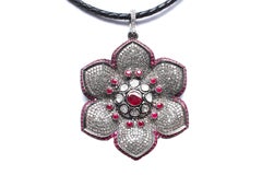 Clarissa Bronfman Agate, Diamond, Ruby, Flower Pendant Beaded Necklace