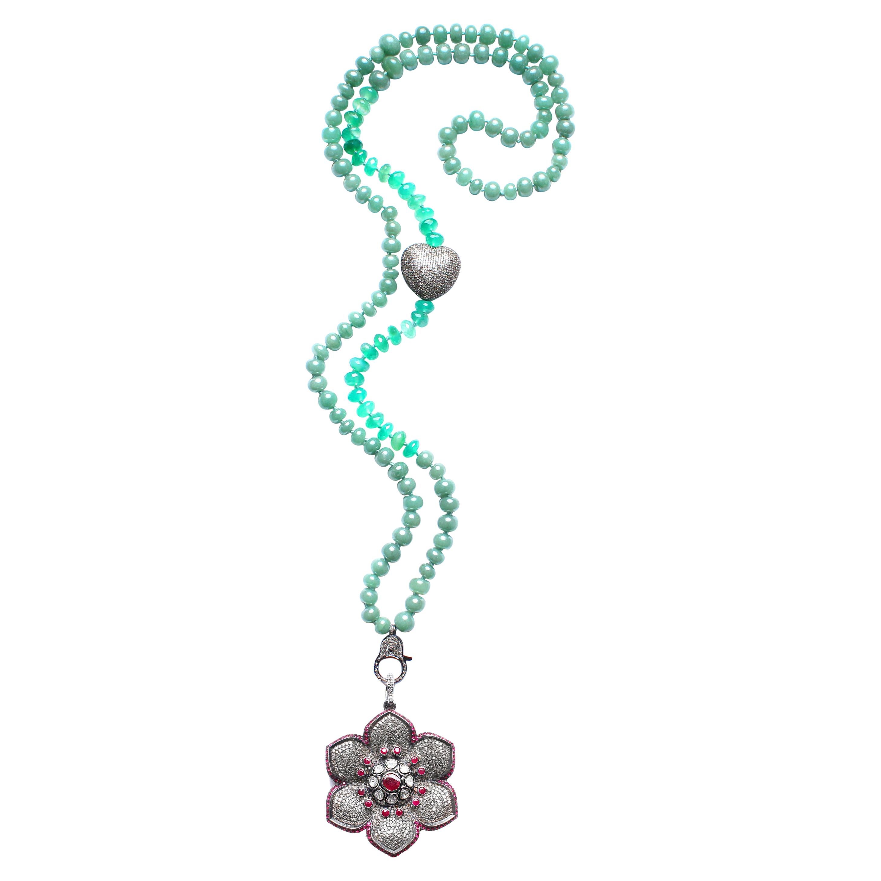 Clarissa Bronfman Agate, Diamond, Ruby, Flower Pendant Beaded Necklace