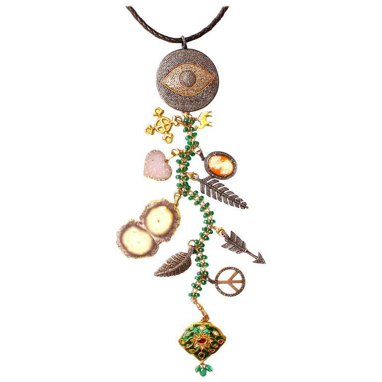 Contemporary Clarissa Bronfman Agate, Emerald, Diamond 'Dreamcatcher' Symbol Tree Necklace