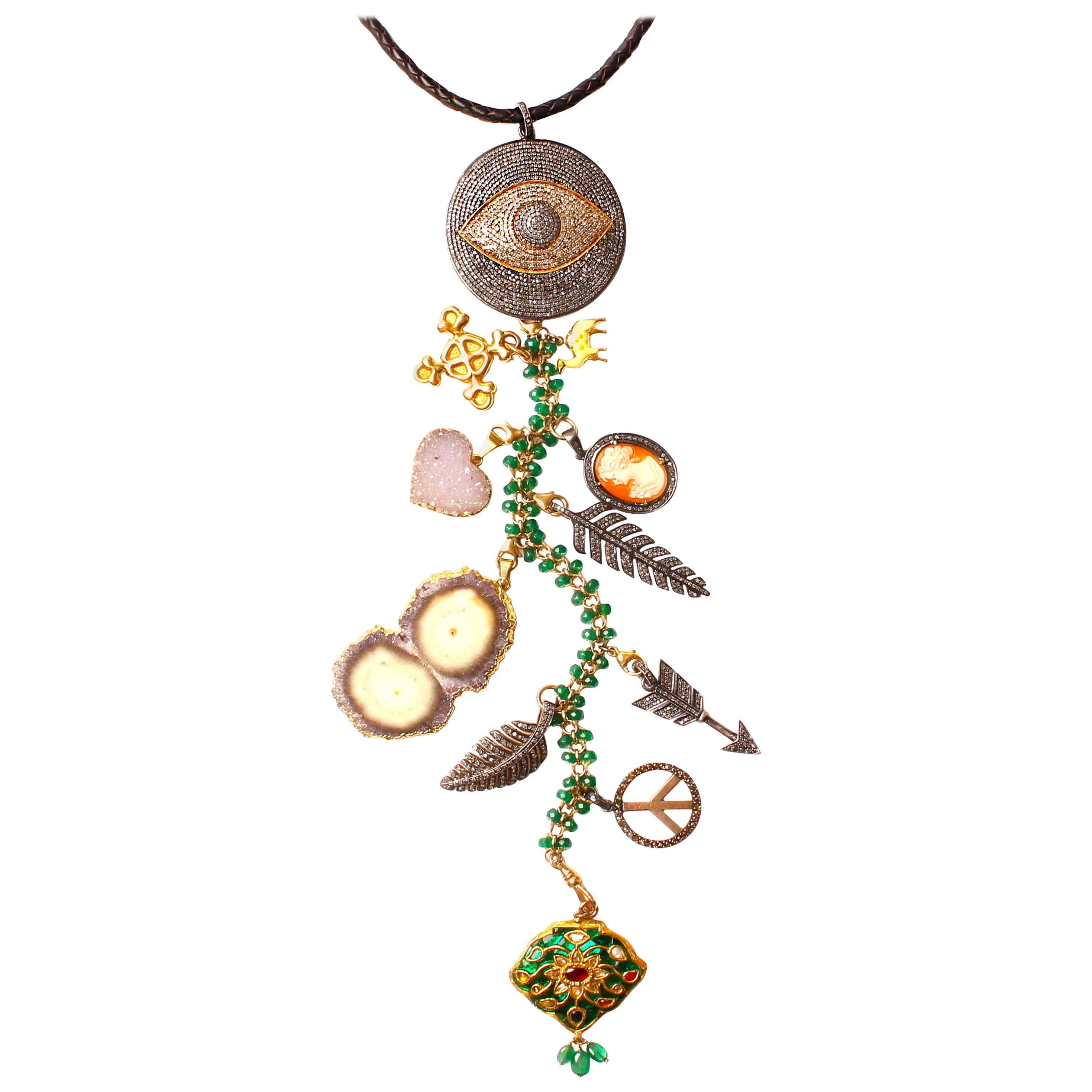 Clarissa Bronfman Agate, Emerald, Diamond 'Dreamcatcher' Symbol Tree Necklace