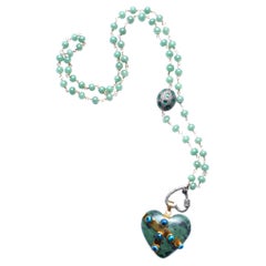 Clarissa Bronfman Agate Emerald Jade Chalcedony 14k Gold Heart Rosary Necklace
