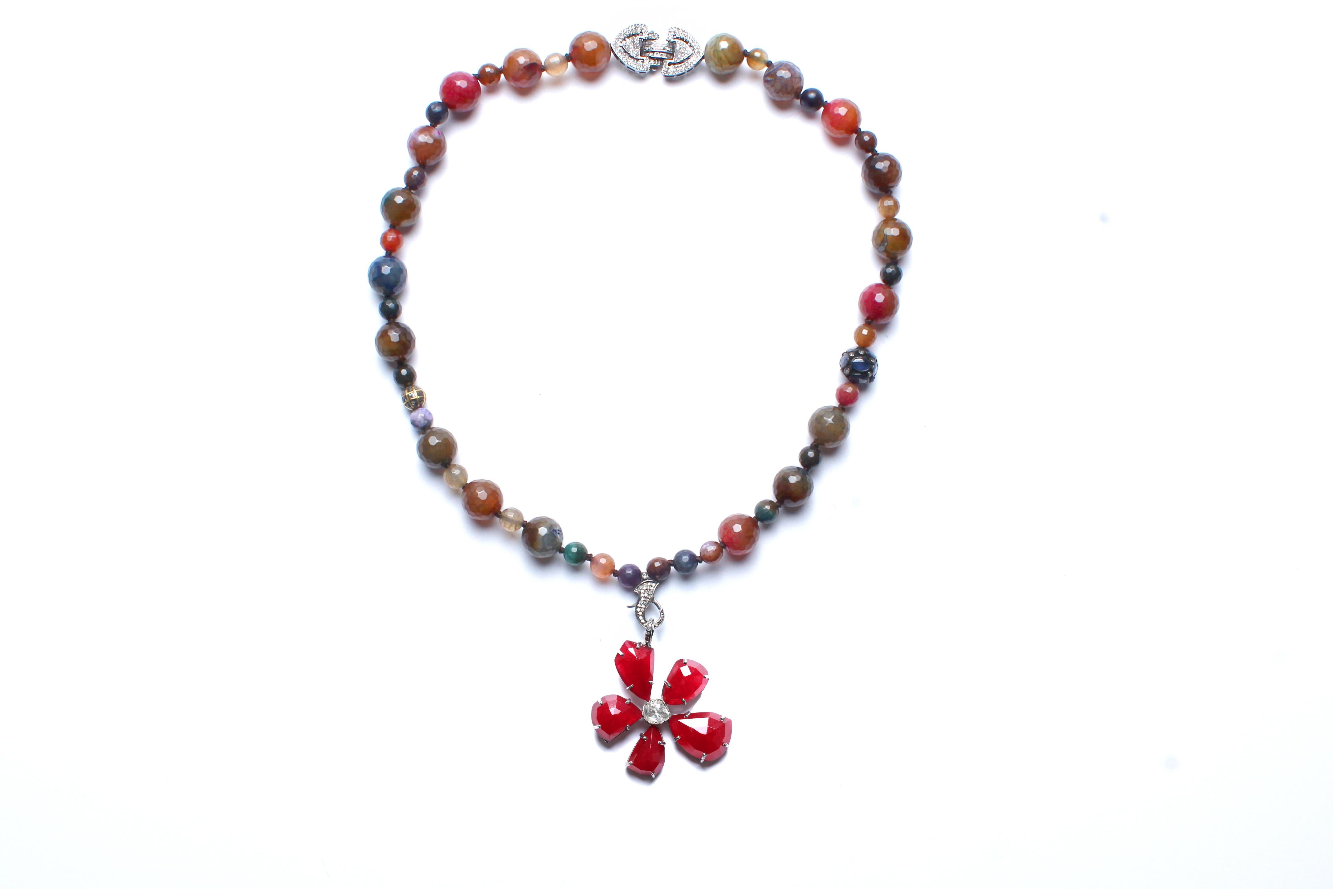 Clarissa Bronfman Agate Enamel Sapphire Diamond Rose Cut Diamond Flower Necklace 1