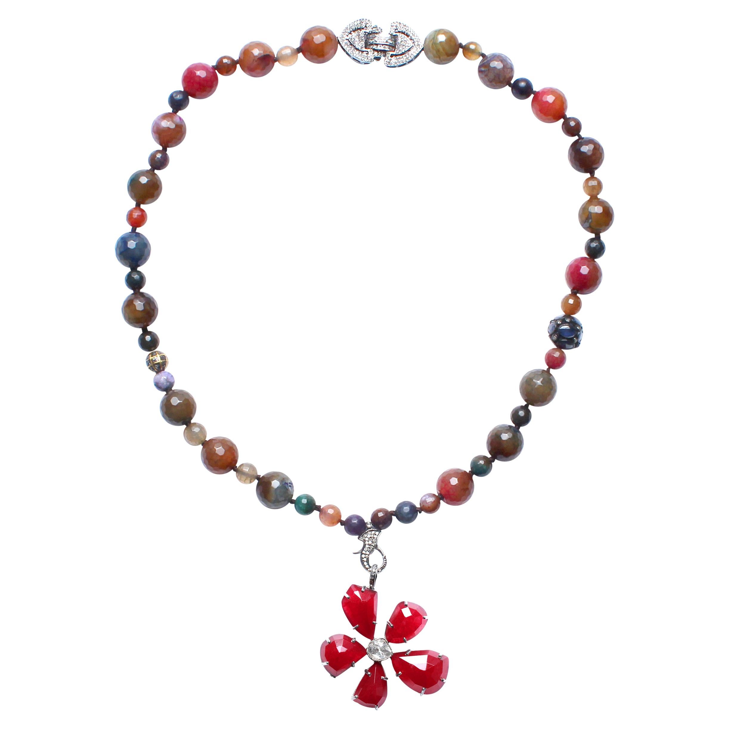 Clarissa Bronfman Agate Enamel Sapphire Diamond Rose Cut Diamond Flower Necklace