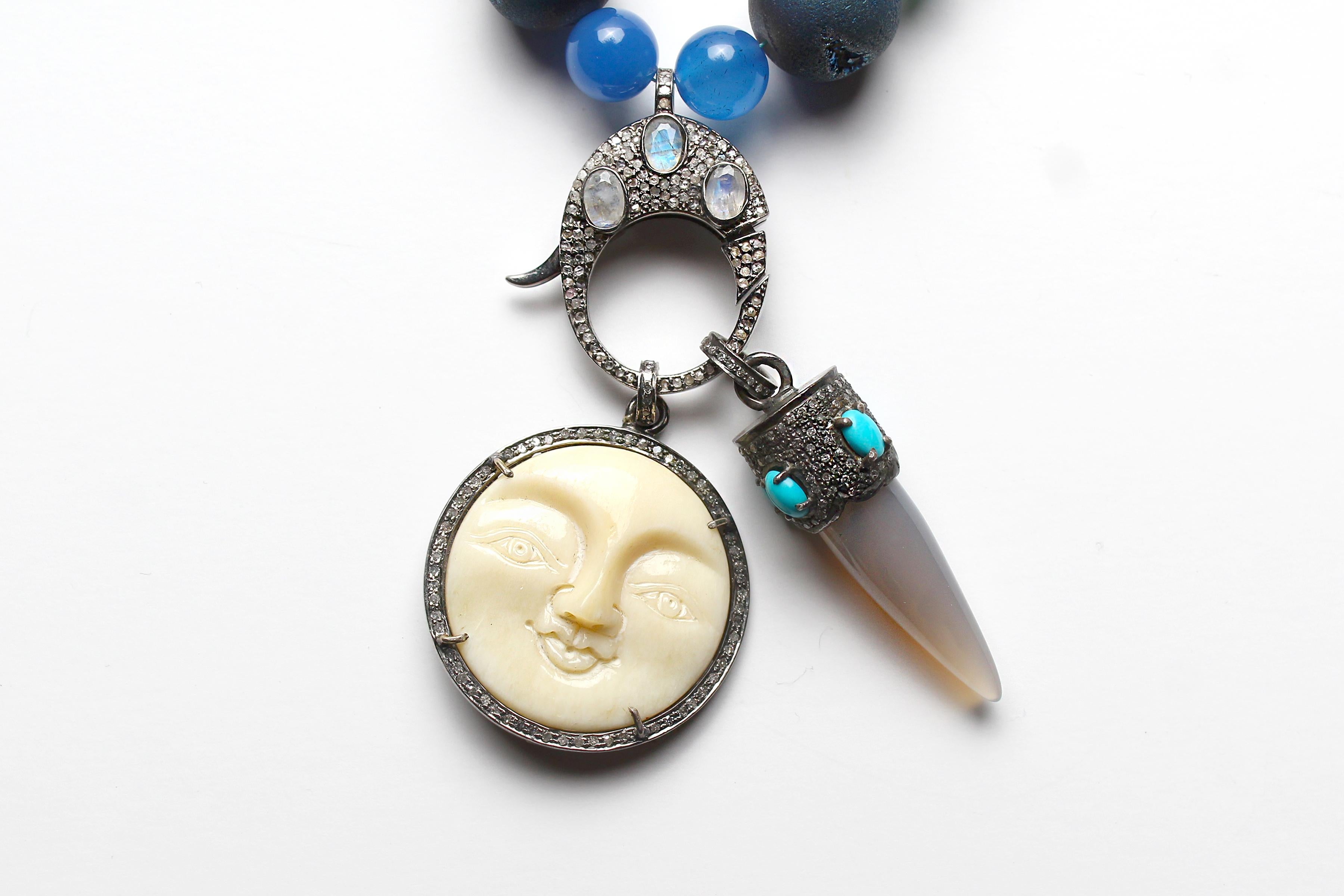 CLARISSA BRONFMAN Agate Lapis Aquamarine Chalcedony Opal Diamond Charm Necklace In New Condition For Sale In New York, NY