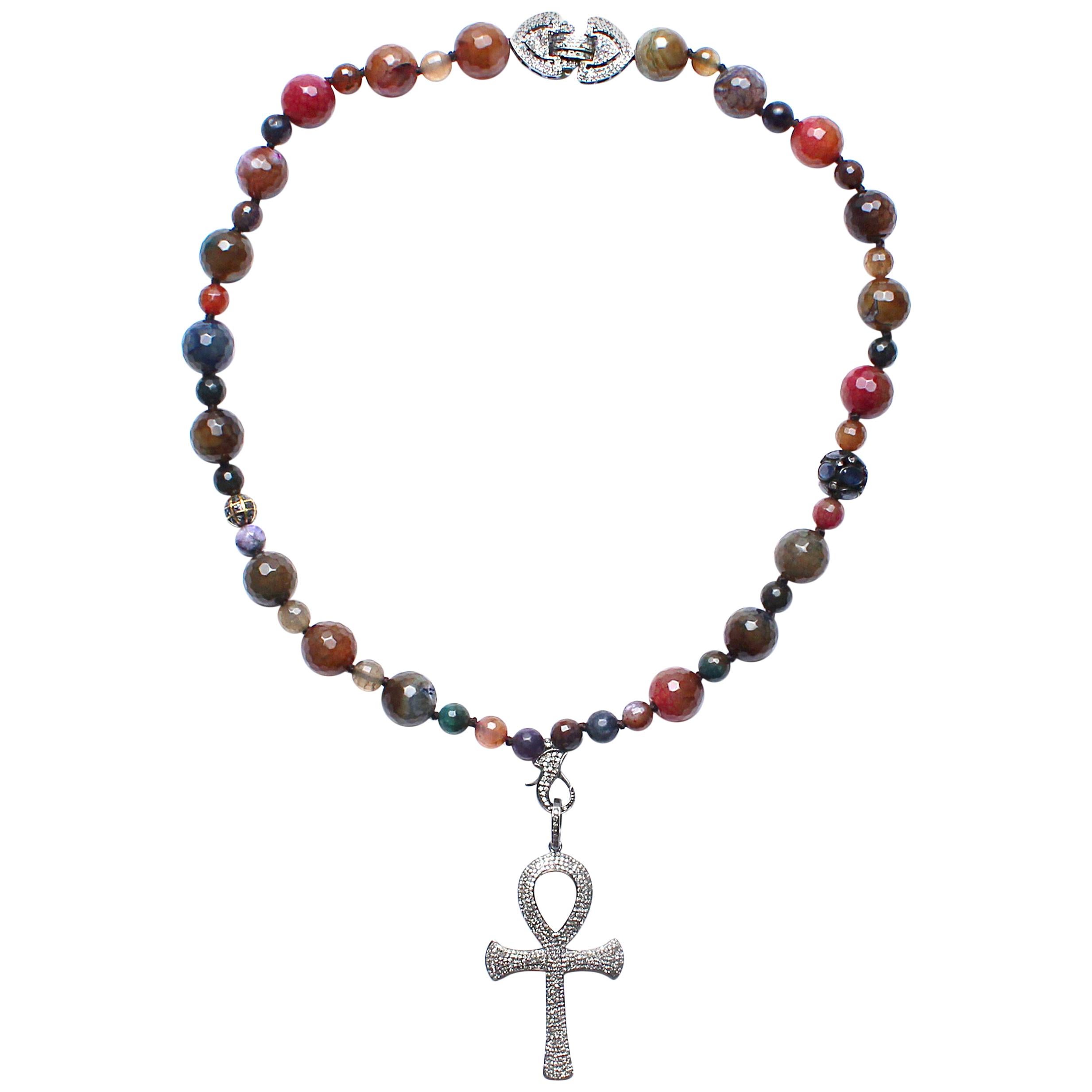 CLARISSA BRONFMAN Agate, Sapphire, Diamond Egyptian Ankh Pendant Necklace