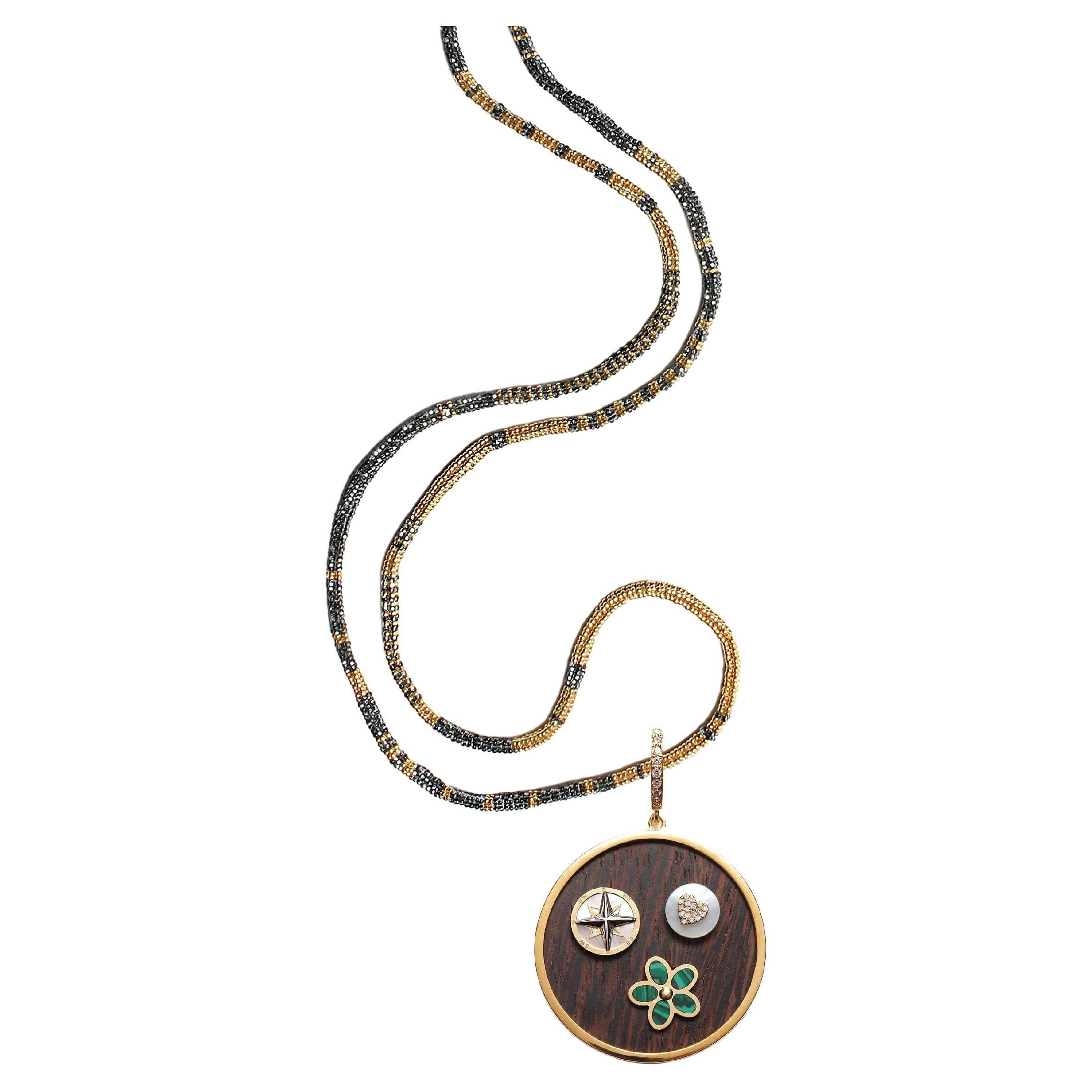 Clarissa Bronfman Alonso Grey Gold Necklace & 3 Charm Compass Ebony Gold Pendant For Sale