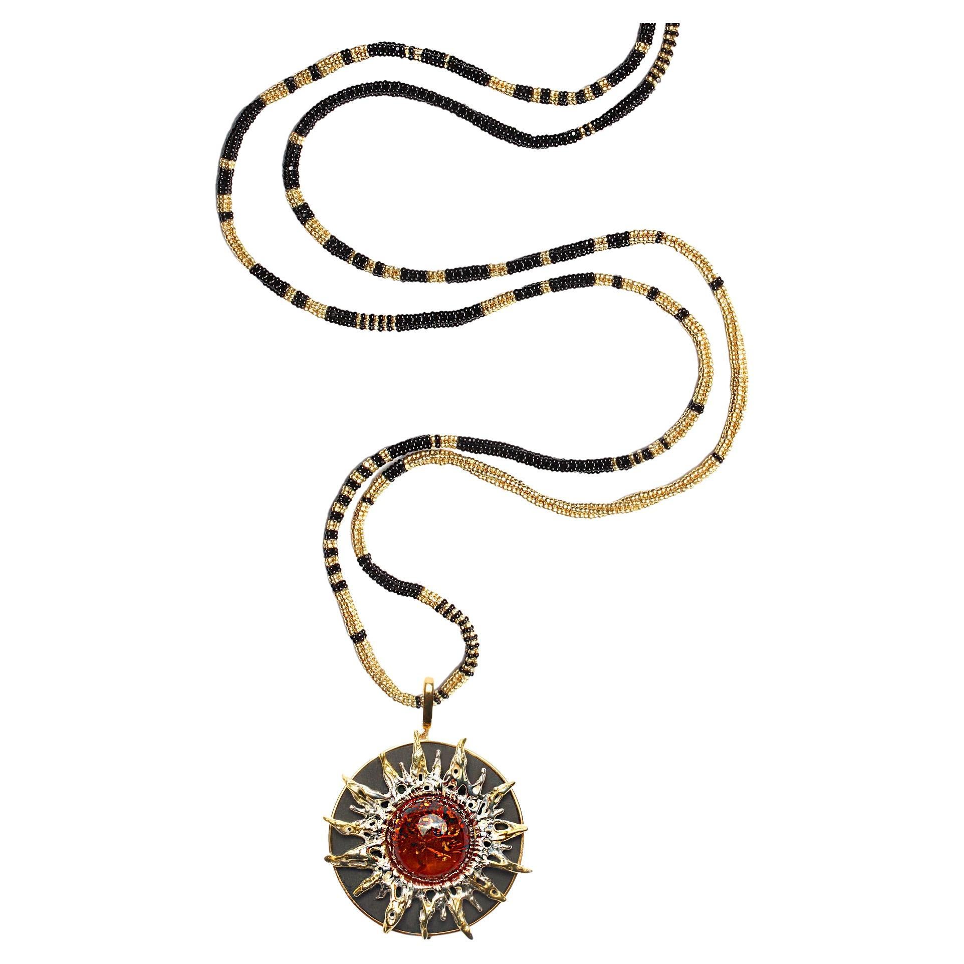 CLARISSA BRONFMAN Amber 2 Tone Ebony Sun Pendant & Black Gold "Alonso" Necklace
