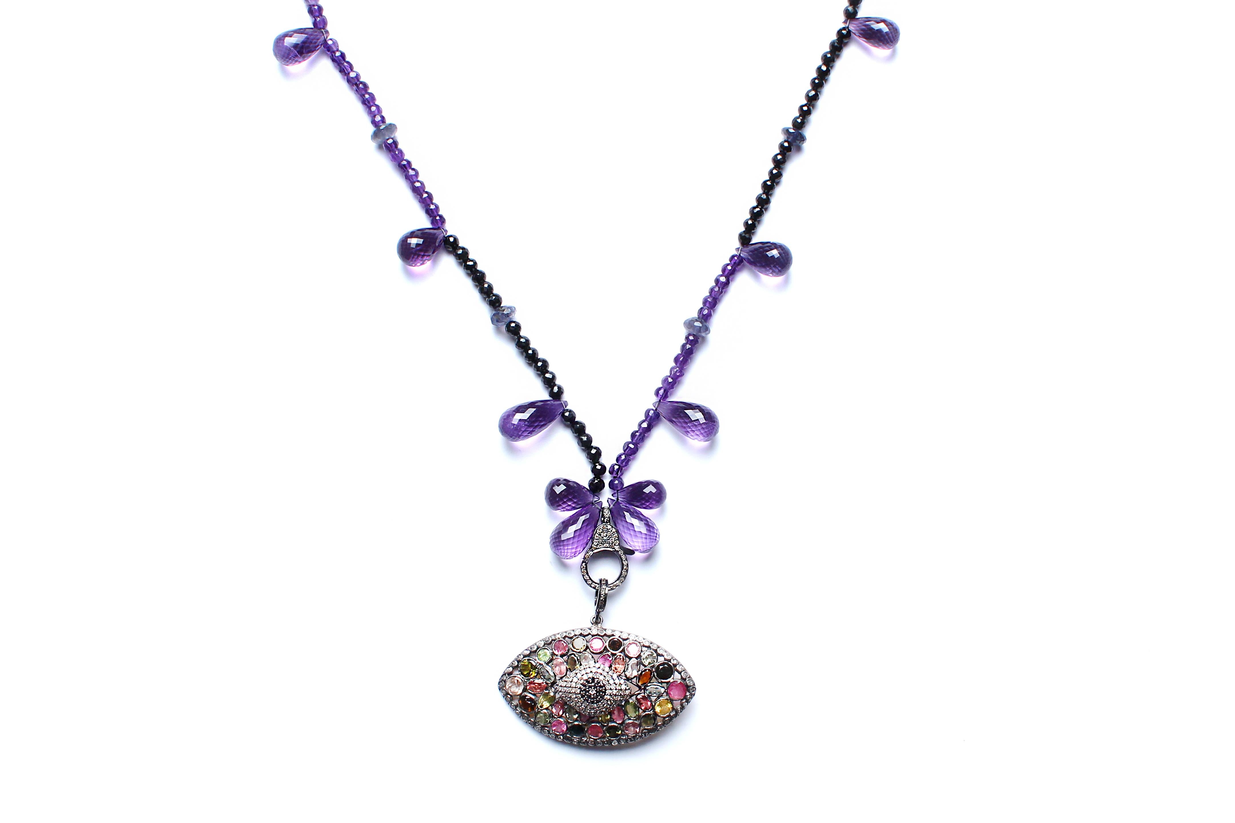 Clarissa Bronfman Amethyst, Garnet, Rose Cut Diamond, Peridot Evil Eye Necklace 1