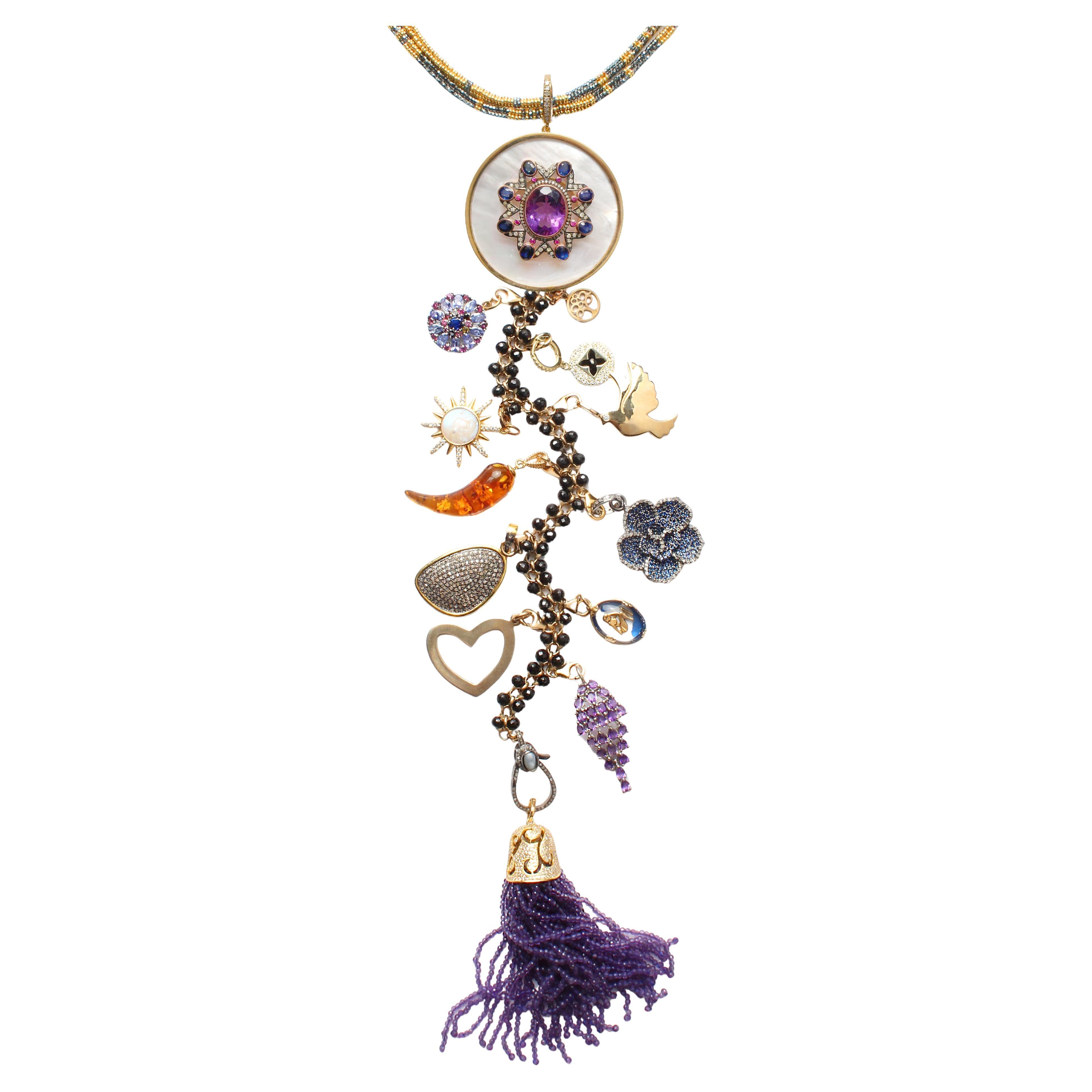 CLARISSA BRONFMAN Amethyst Gold Diamond "Lavender Estrella" Symbol Tree Necklace For Sale