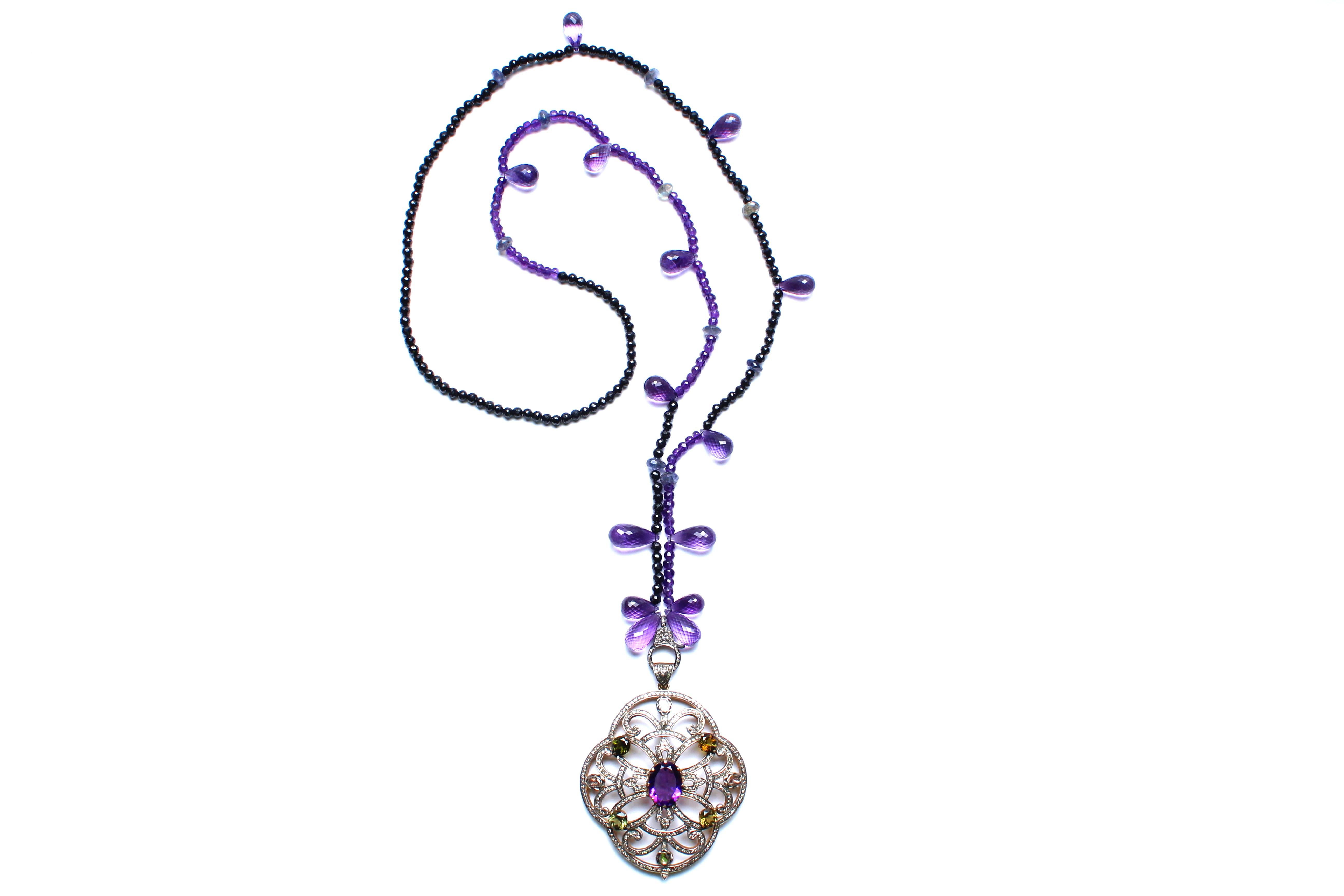 Contemporary Clarissa Bronfman Amethyst, Peridot, Diamond Beaded Pendant Necklace