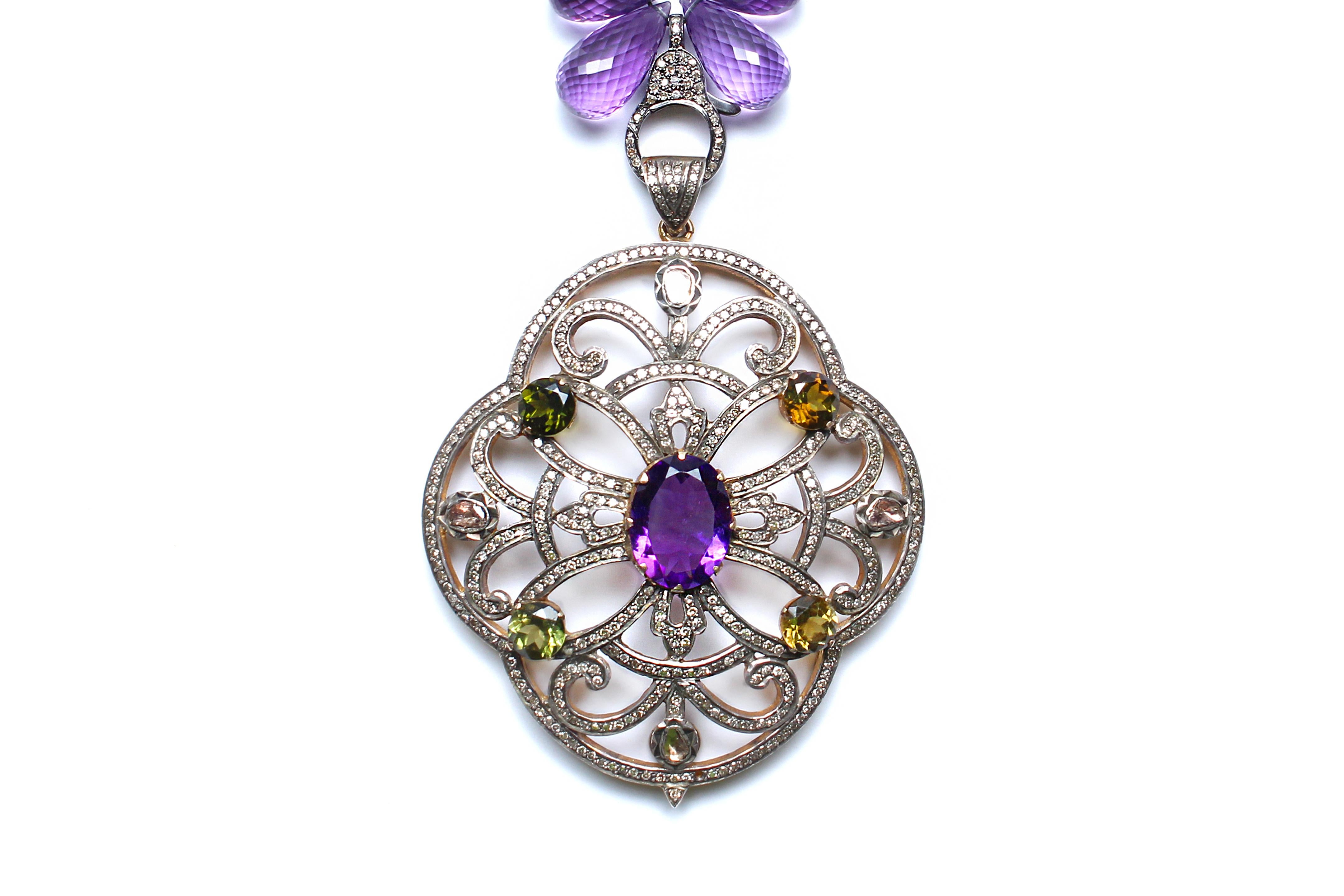 Clarissa Bronfman Amethyst, Peridot, Diamond Beaded Pendant Necklace In New Condition In New York, NY