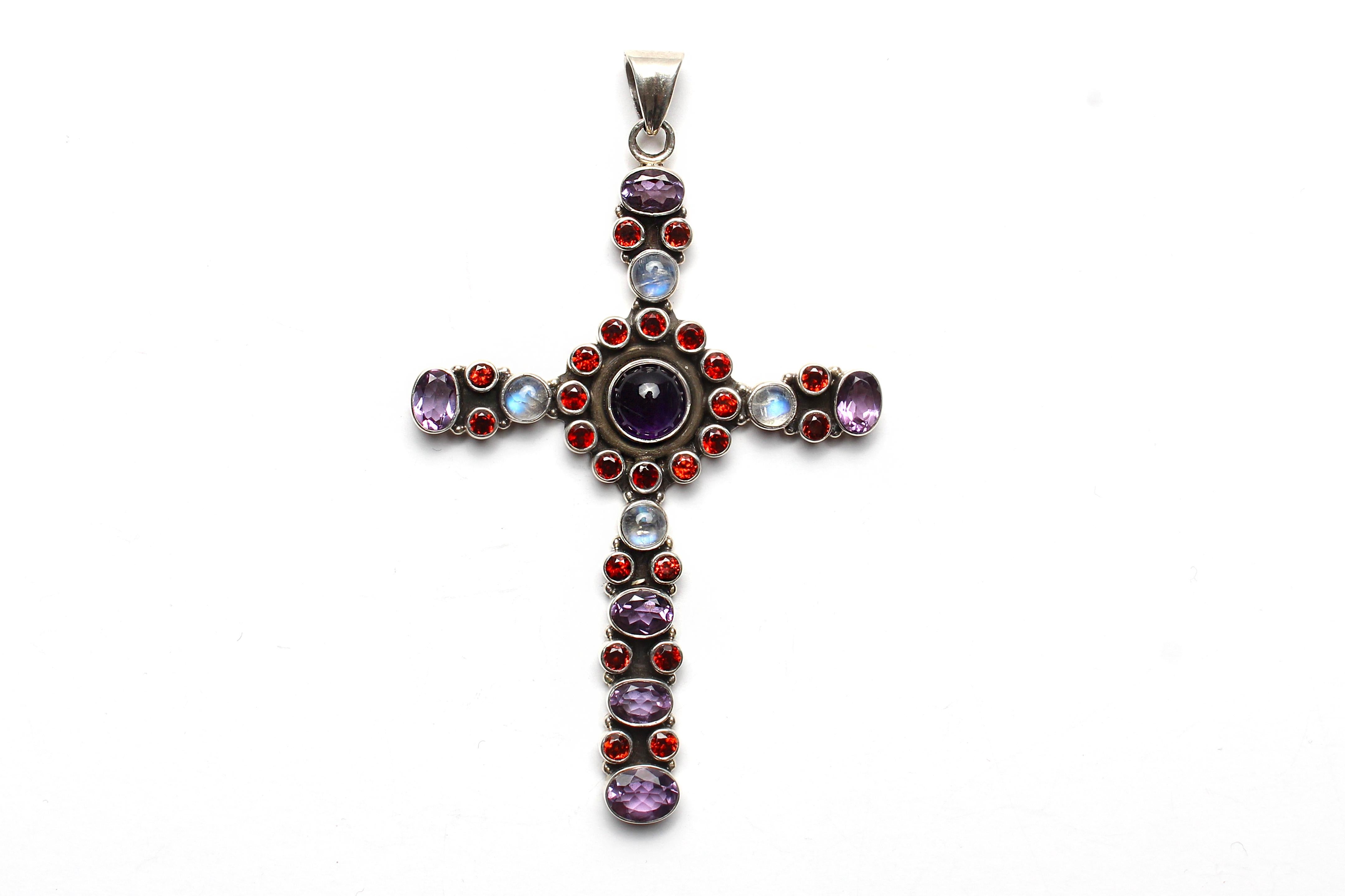 Contemporary Clarissa Bronfman Aquamarine Diamond Rosary & Garnet Amethyst Cross Pendant