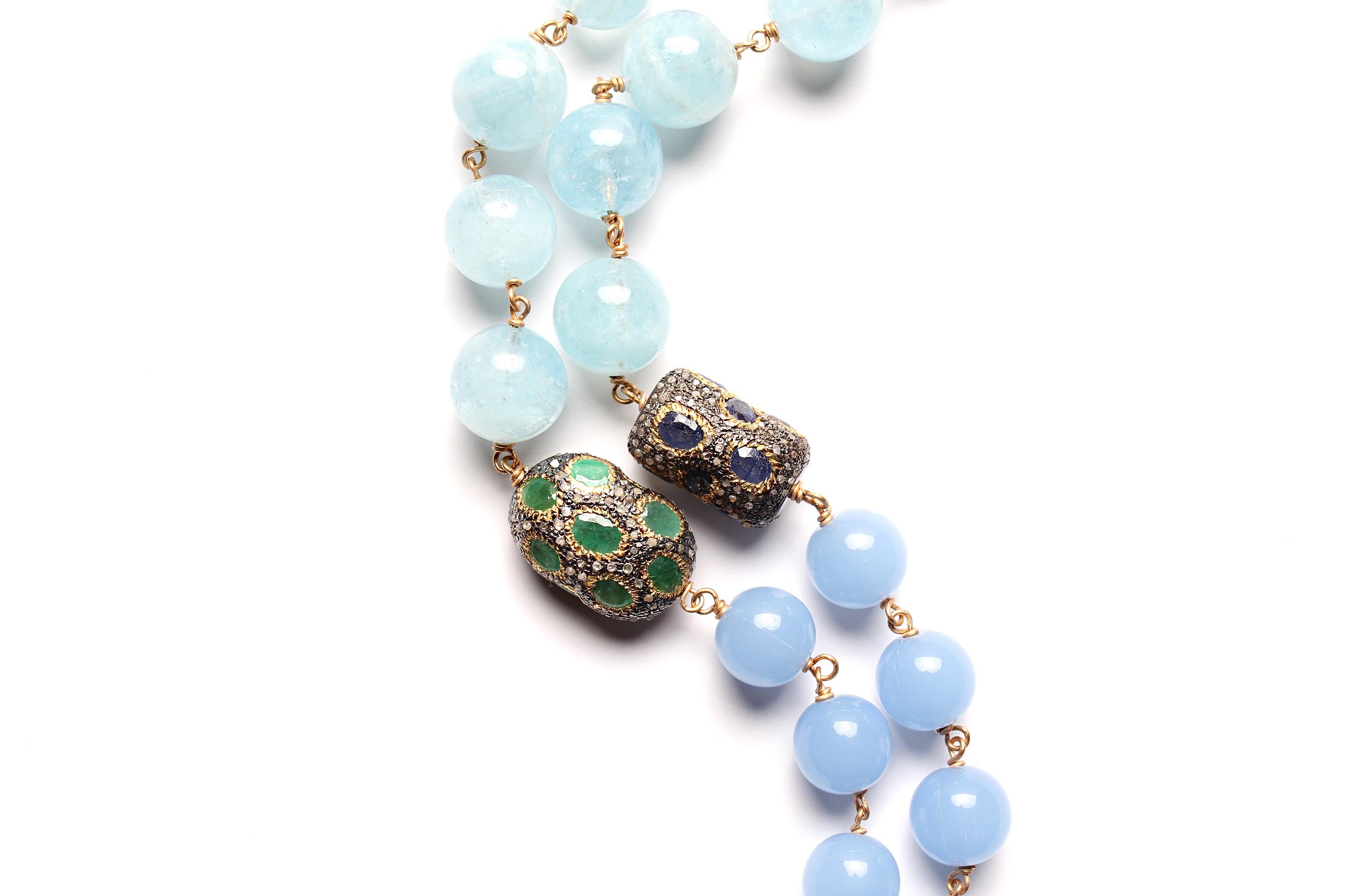Clarissa Bronfman Aquamarine Diamond Rosary & Garnet Amethyst Cross Pendant In New Condition In New York, NY