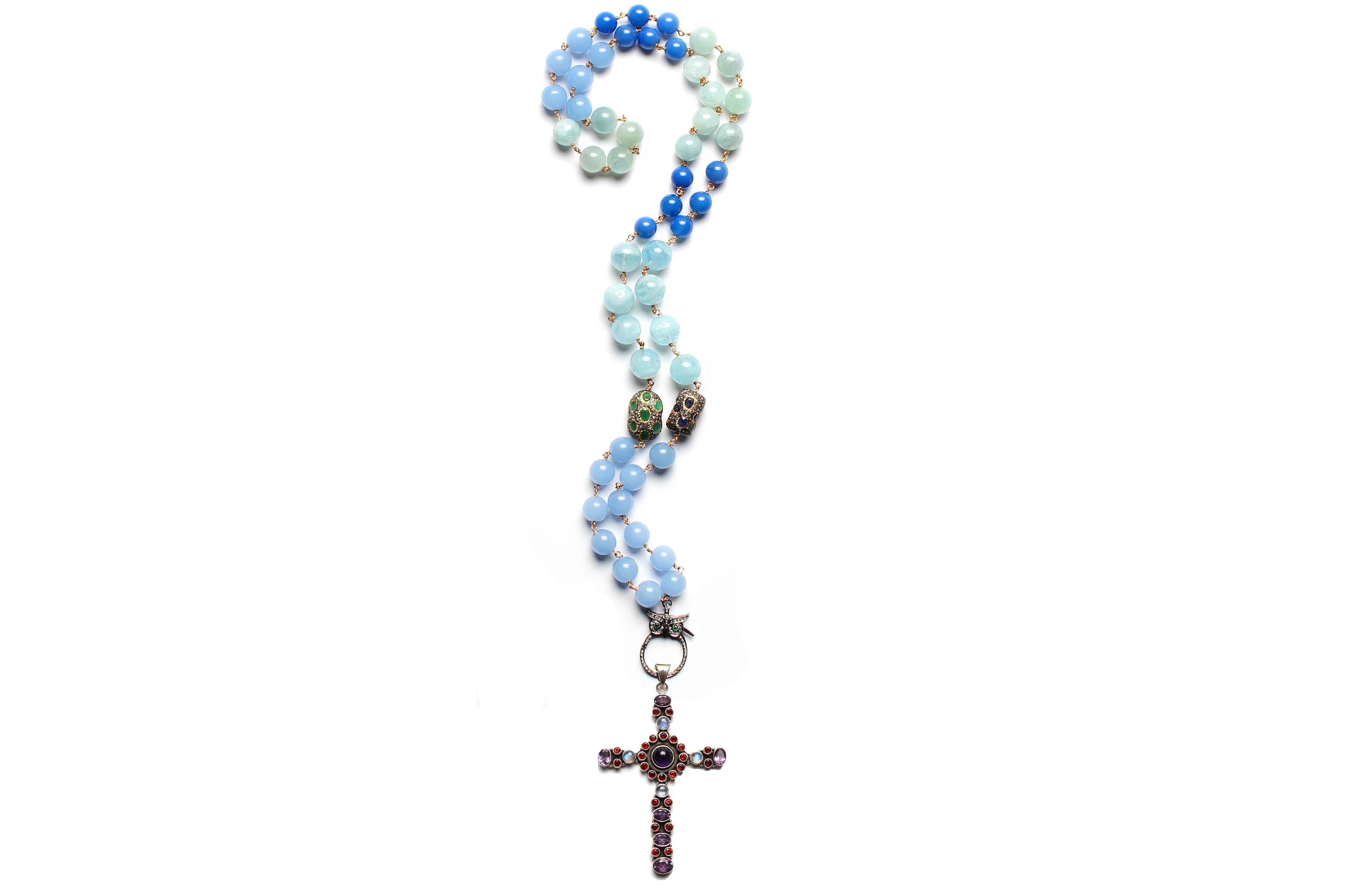 Clarissa Bronfman Aquamarine Diamond Rosary & Garnet Amethyst Cross Pendant 1